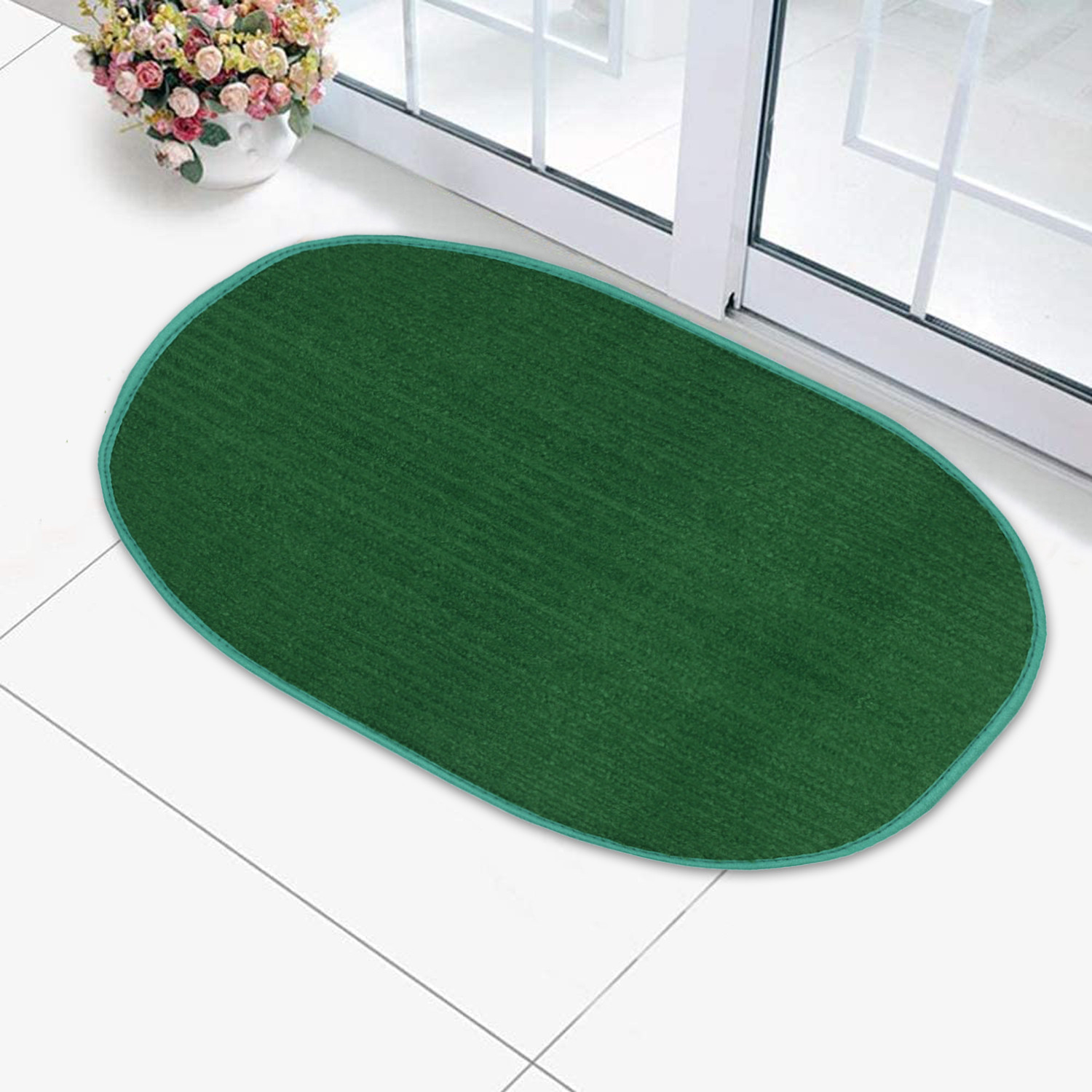 Kuber Industries Oval Shape Microfiber Anti Slip Door Mat (14'' x 23'',Green)-KUBMRT12074