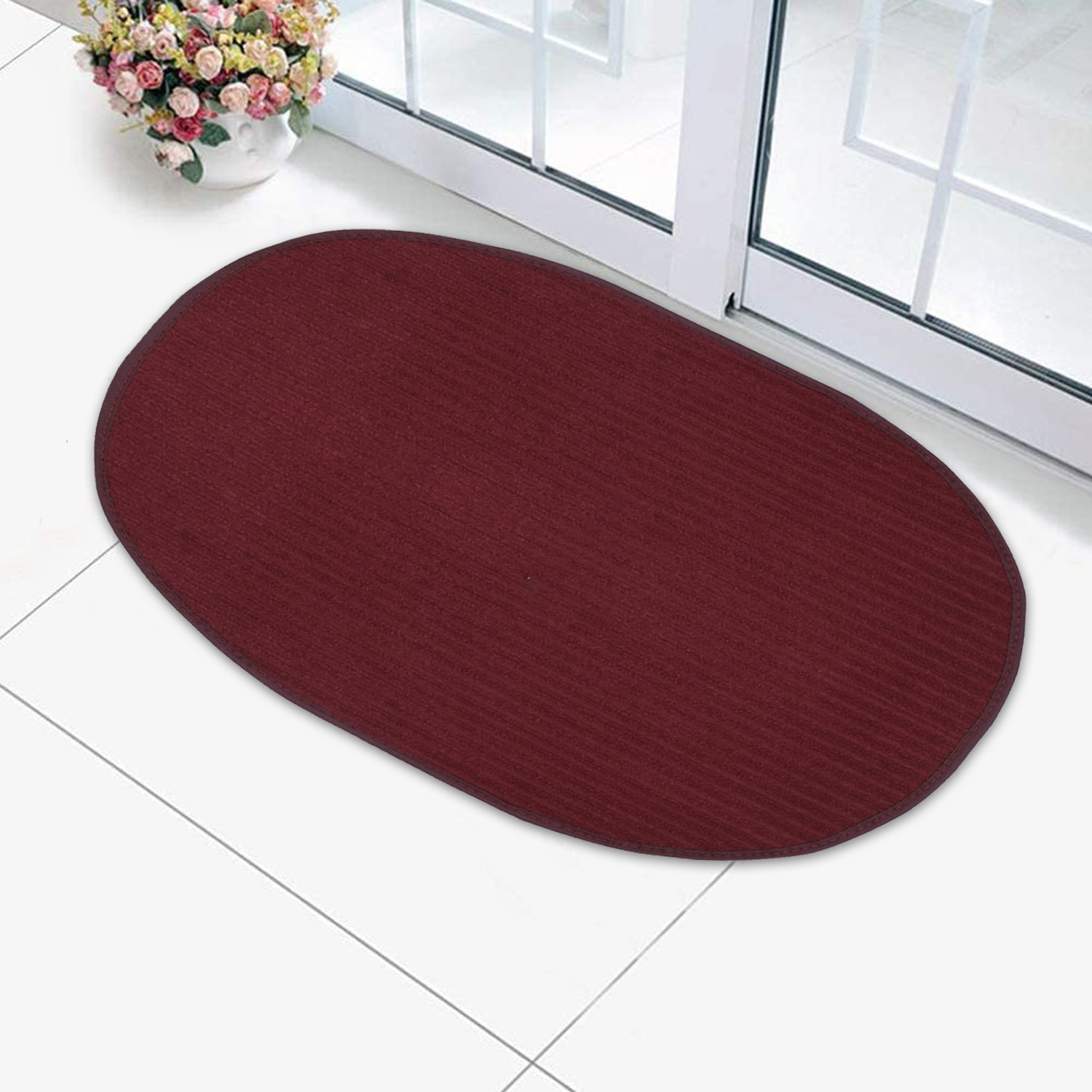 Kuber Industries Oval Shape Microfiber Anti Slip Door Mat (14'' x 23'',Maroon)-KUBMRT12068