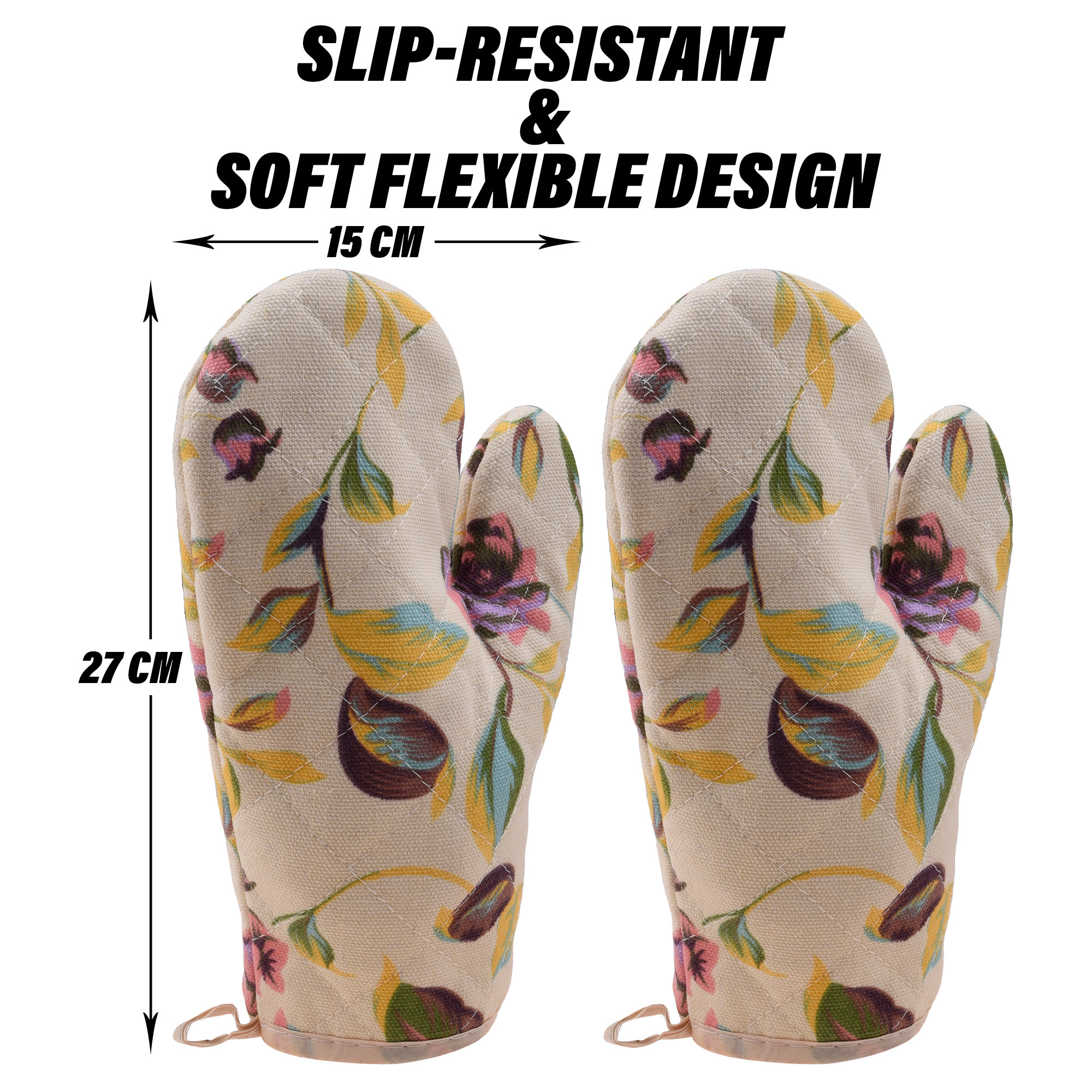 Kuber Industries Oven Mitts | Kitchen Gloves | Microwave Oven Gloves | Leaf Print Hanging Loop Oven Gloves | Insulated Gloves for Oven | Heat Resistant |Cream
