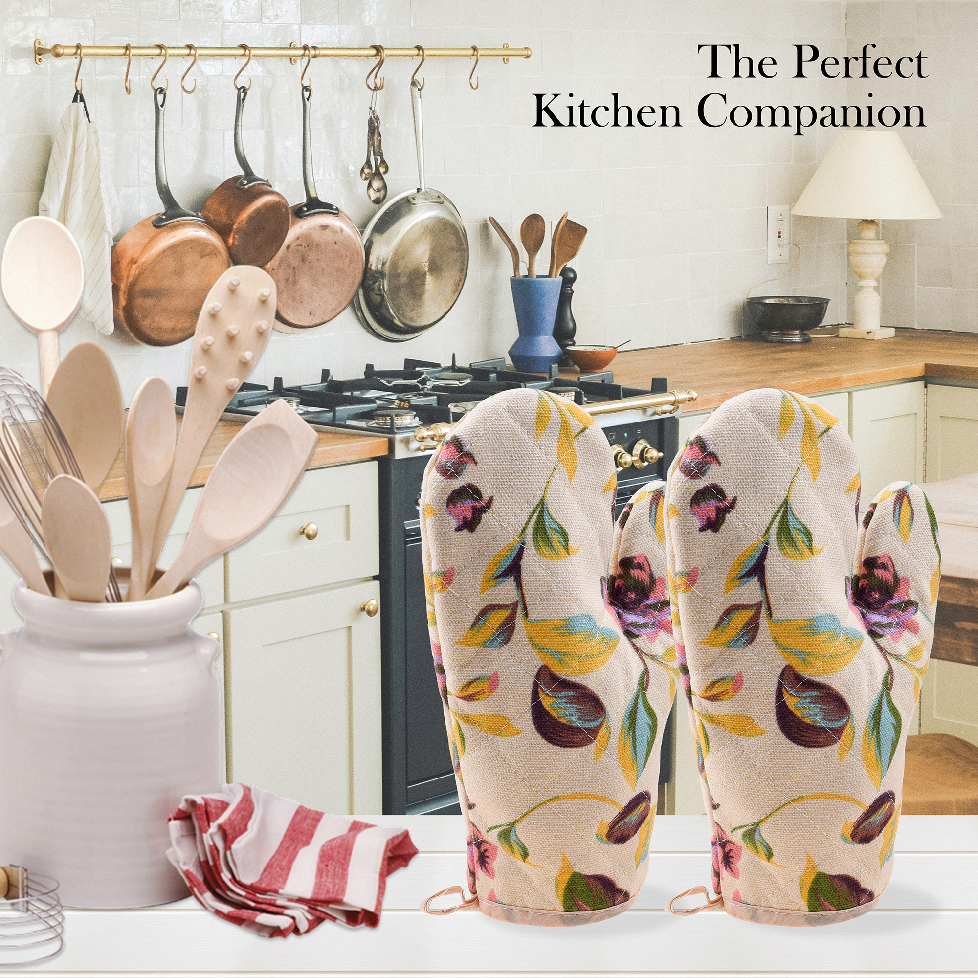 Kuber Industries Oven Mitts | Kitchen Gloves | Microwave Oven Gloves | Leaf Print Hanging Loop Oven Gloves | Insulated Gloves for Oven | Heat Resistant |Cream