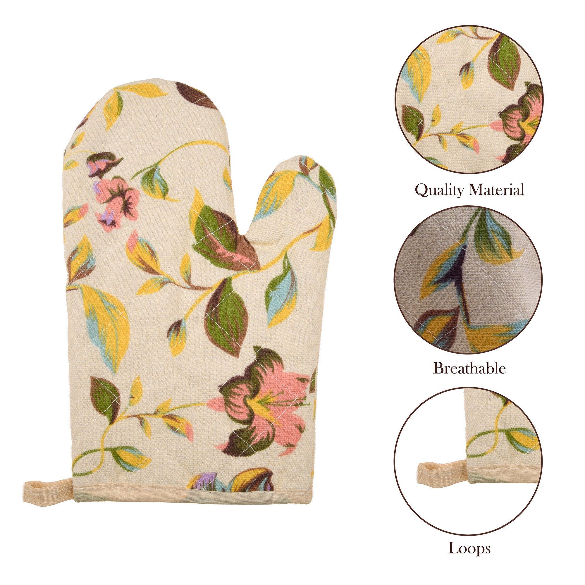 Kuber Industries Oven Mitts | Kitchen Gloves | Microwave Oven Gloves | Leaf Print Hanging Loop Oven Gloves | Insulated Gloves for Oven | Heat Resistant |Cream