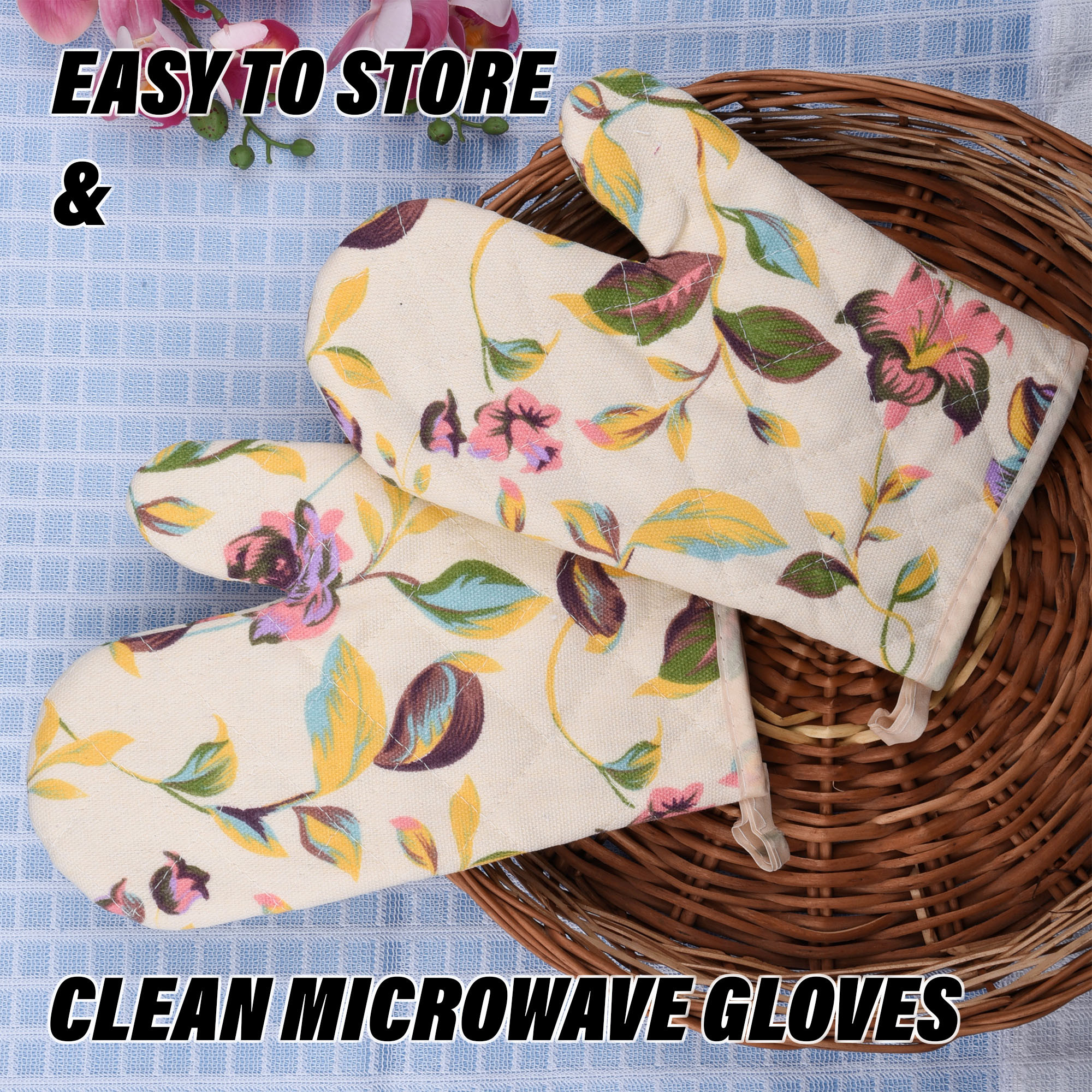 Kuber Industries Oven Mitts | Kitchen Gloves | Microwave Oven Gloves | Leaf Print Hanging Loop Oven Gloves | Insulated Gloves for Oven | Heat Resistant |Cream