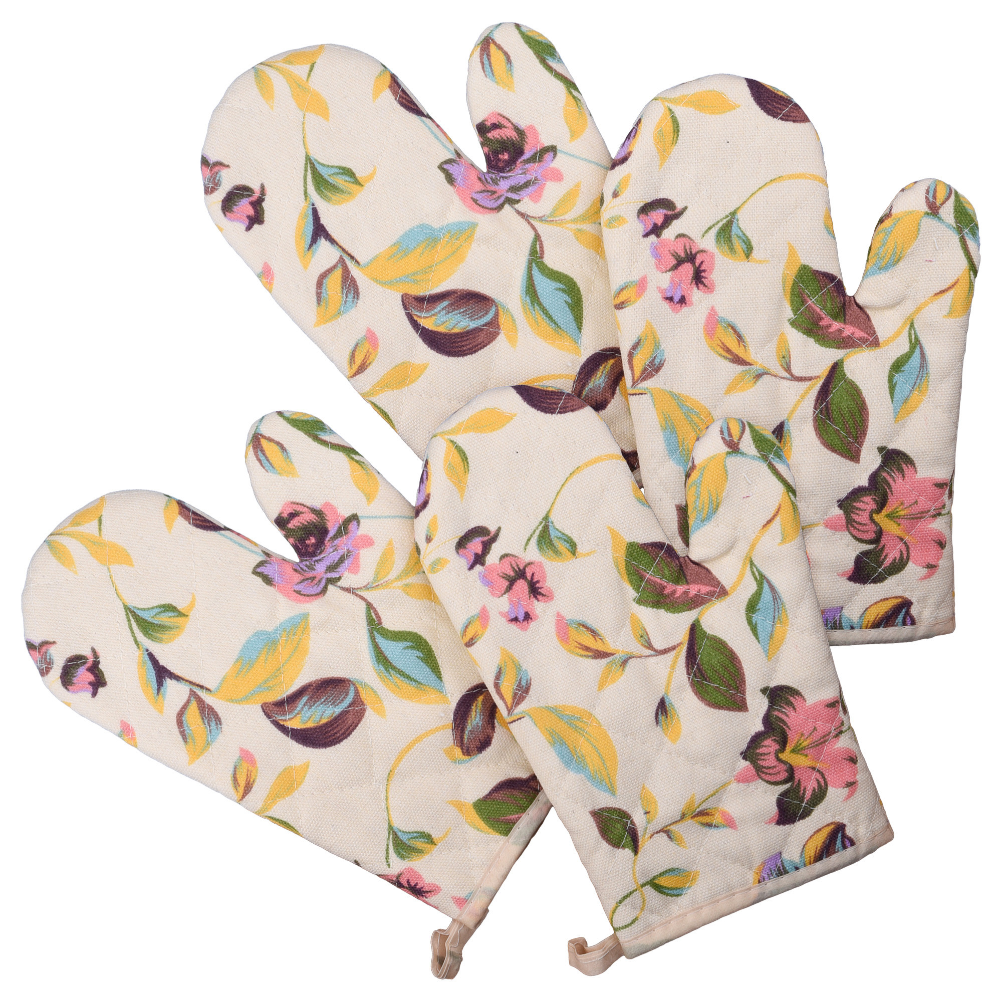 Kuber Industries Oven Mitts | Kitchen Gloves | Microwave Oven Gloves | Leaf Print Hanging Loop Oven Gloves | Insulated Gloves for Oven | Heat Resistant |Cream