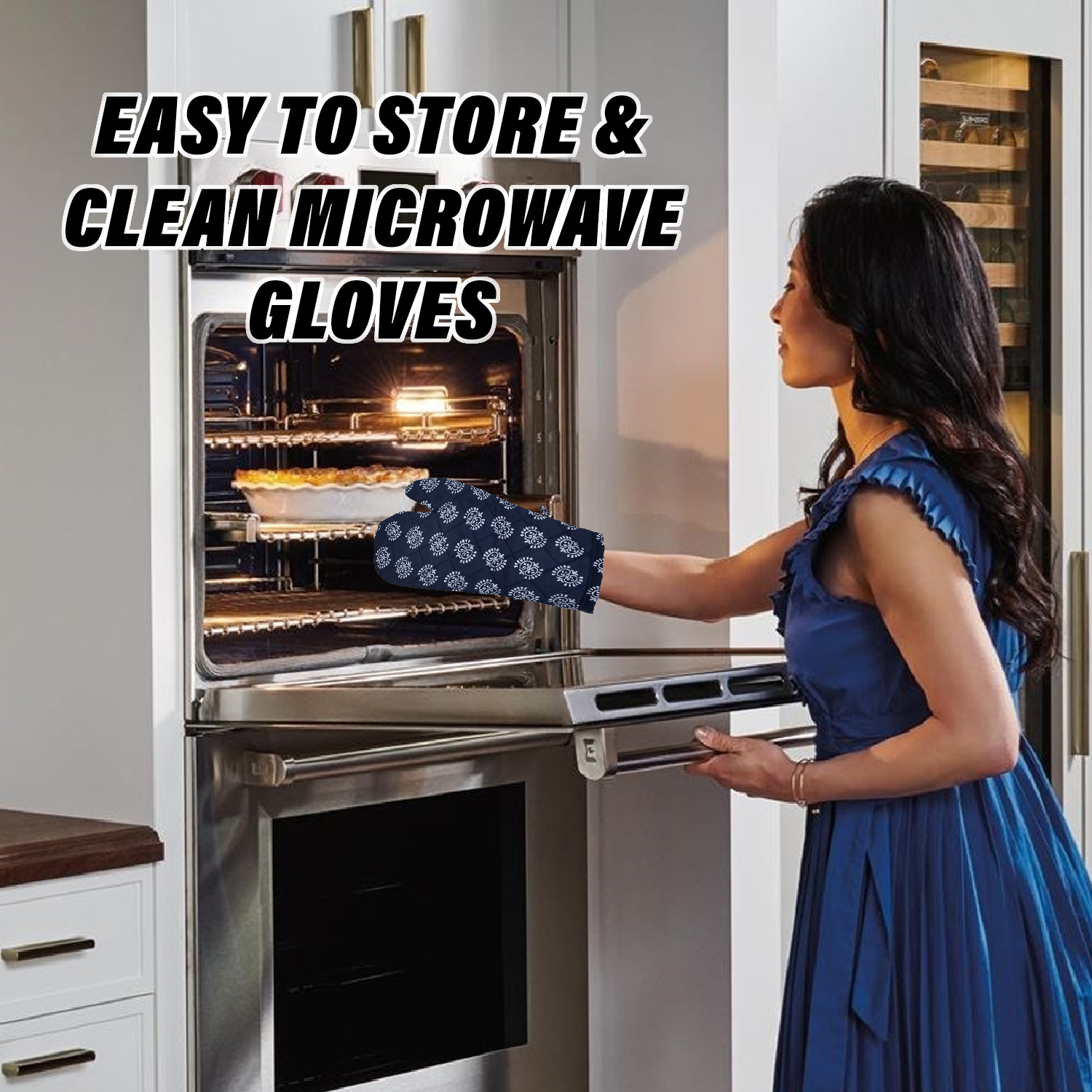Kuber Industries Oven Mitts | Polyester Microwave Oven Gloves | Printed Hanging Loop Kitchen Oven Gloves | Heat Resistant Gloves For Kitchen | 1 Pair | Blue