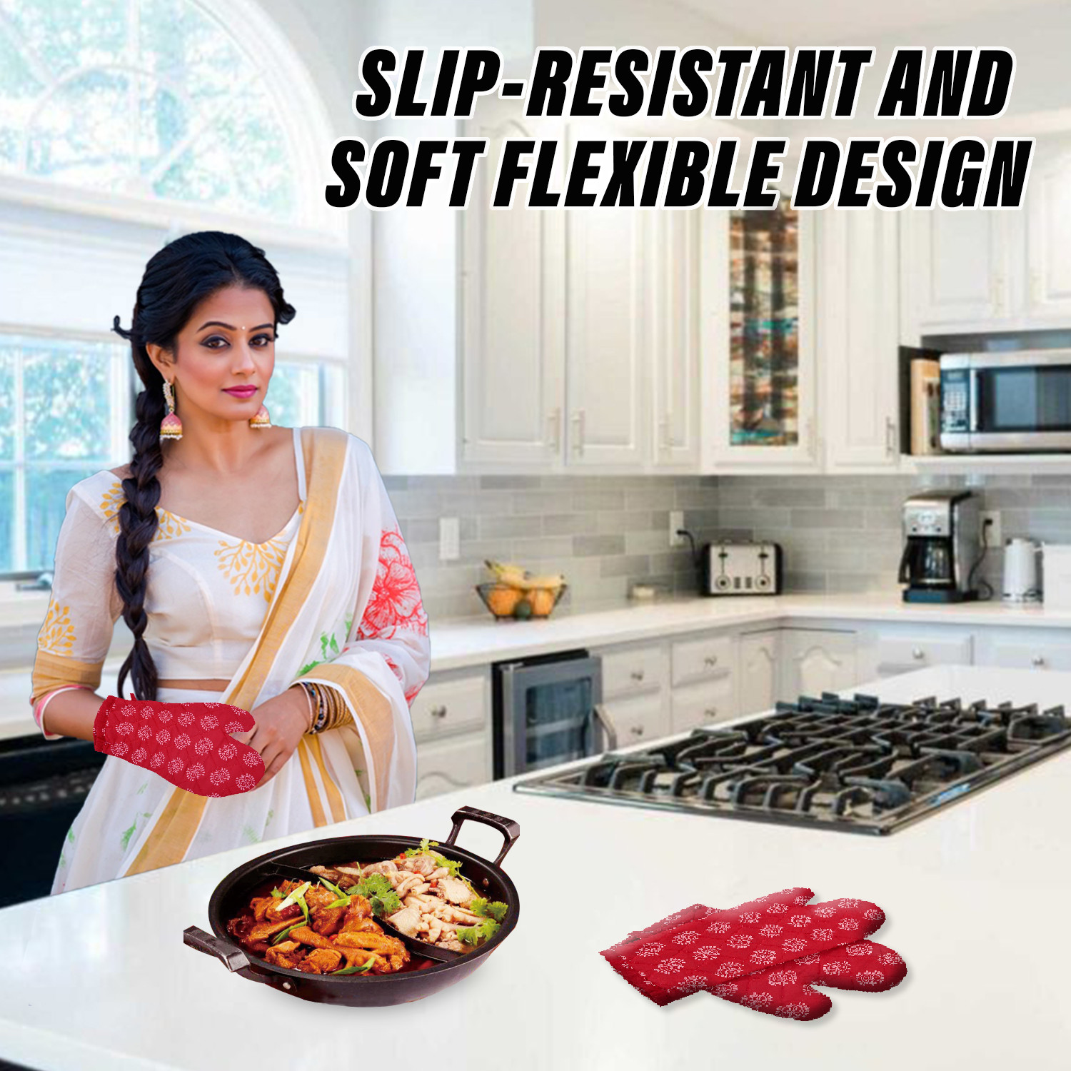 Kuber Industries Oven Mitts | Polyester Microwave Oven Gloves | Printed Hanging Loop Kitchen Oven Gloves | Heat Resistant Gloves For Kitchen | 1 Pair | Maroon