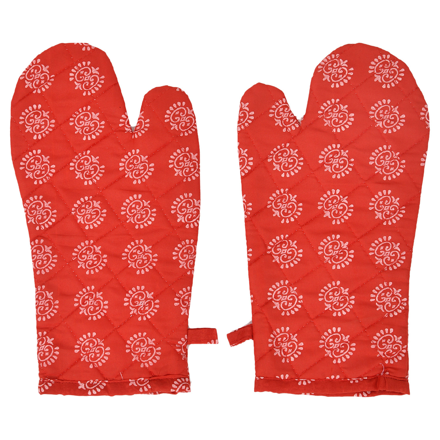 Kuber Industries Oven Mitts | Polyester Microwave Oven Gloves | Printed Hanging Loop Kitchen Oven Gloves | Heat Resistant Gloves For Kitchen | 1 Pair | Red