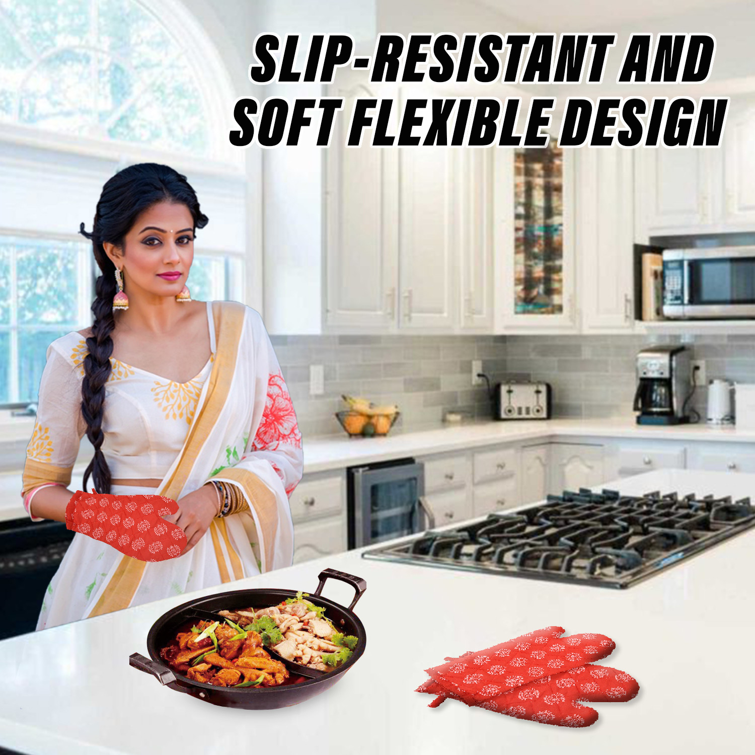 Kuber Industries Oven Mitts | Polyester Microwave Oven Gloves | Printed Hanging Loop Kitchen Oven Gloves | Heat Resistant Gloves For Kitchen | 1 Pair | Red