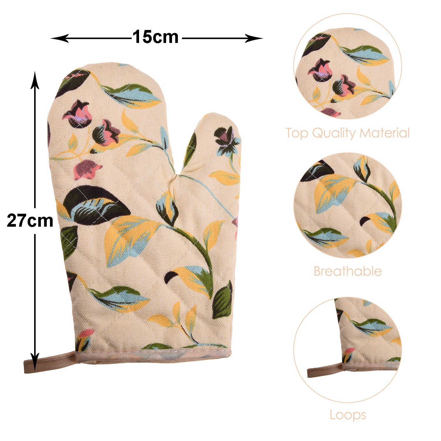 Kuber Industries Oven Mitts|Cotton Microwave Oven Insulated Gloves|Bud Print Hanging Loop Kitchen Oven|Heat Resistant|Microwave Gloves For Kitchen|1 Pair (Cream)