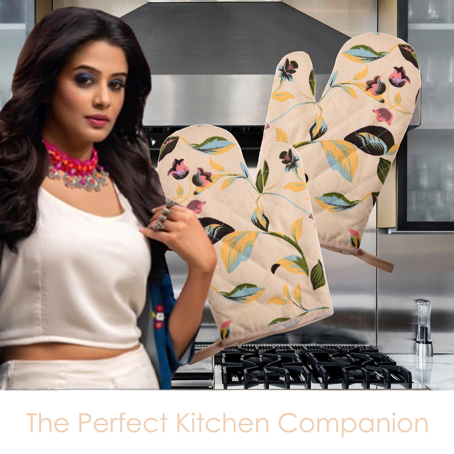 Kuber Industries Oven Mitts|Cotton Microwave Oven Insulated Gloves|Bud Print Hanging Loop Kitchen Oven|Heat Resistant|Microwave Gloves For Kitchen|1 Pair (Cream)