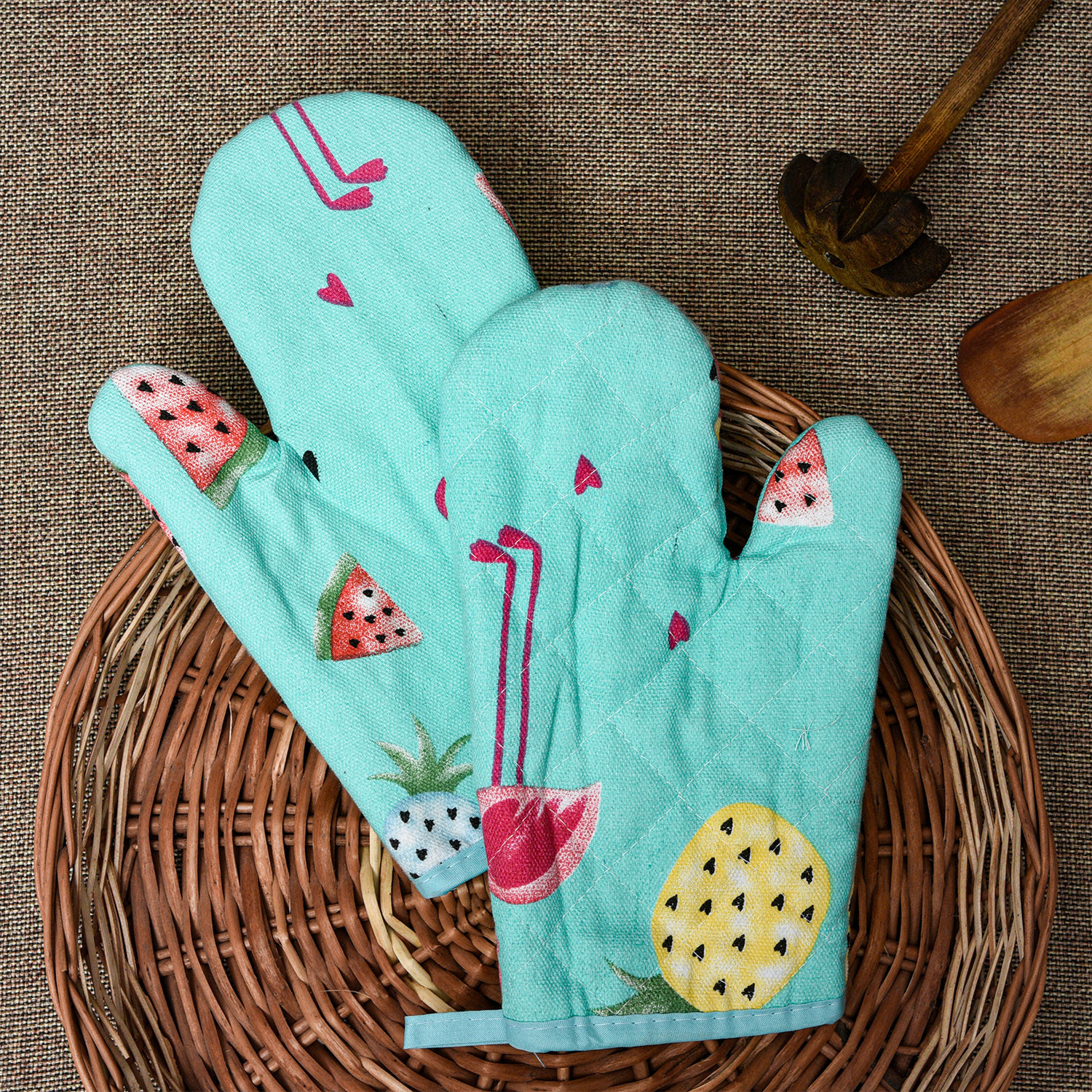 Kuber Industries Oven Mitts|Cotton Microwave Oven Insulated Gloves|Duck Print Hanging Loop Kitchen Oven|Heat Resistant|Microwave Gloves For Kitchen|1 Pair (Green)