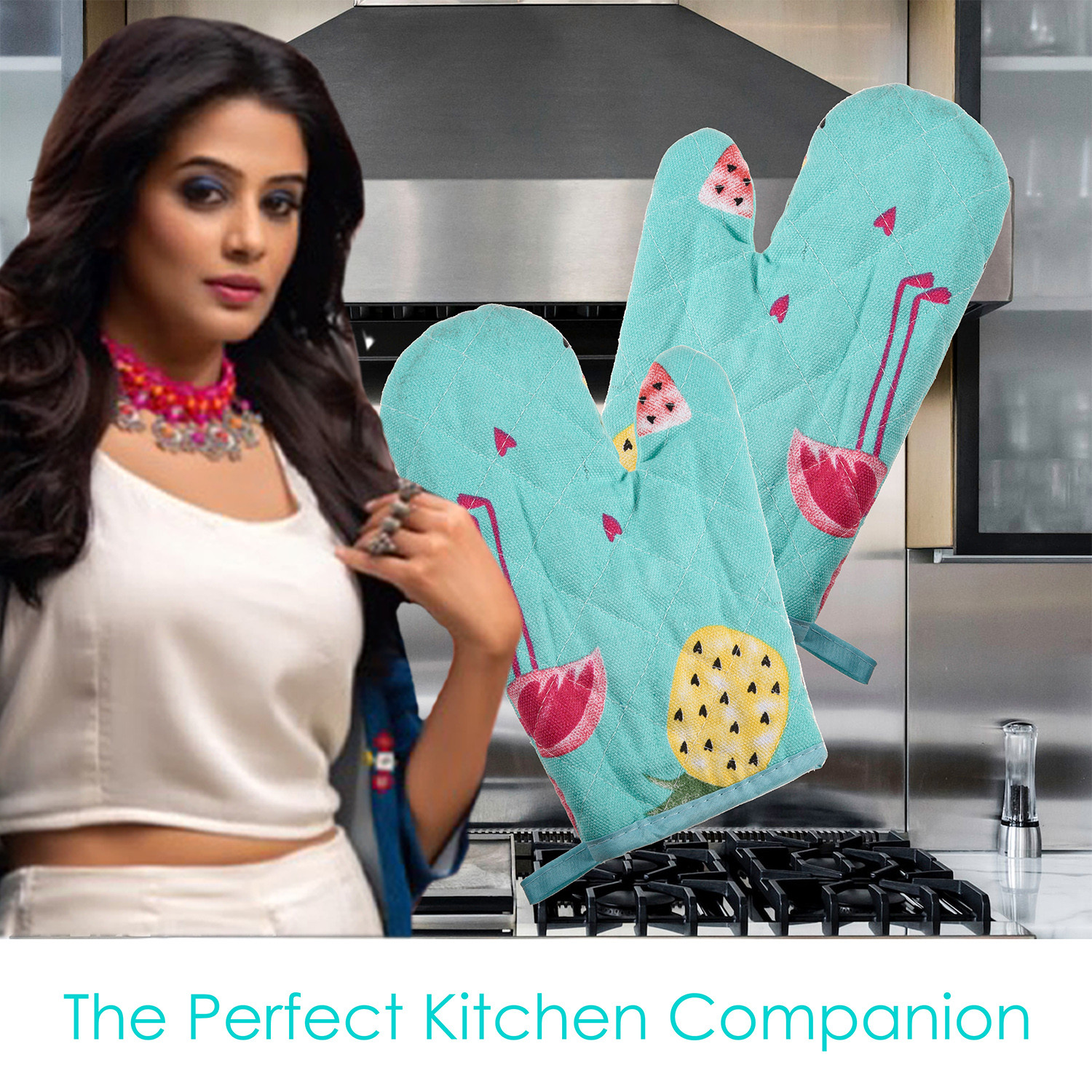 Kuber Industries Oven Mitts|Cotton Microwave Oven Insulated Gloves|Duck Print Hanging Loop Kitchen Oven|Heat Resistant|Microwave Gloves For Kitchen|1 Pair (Green)