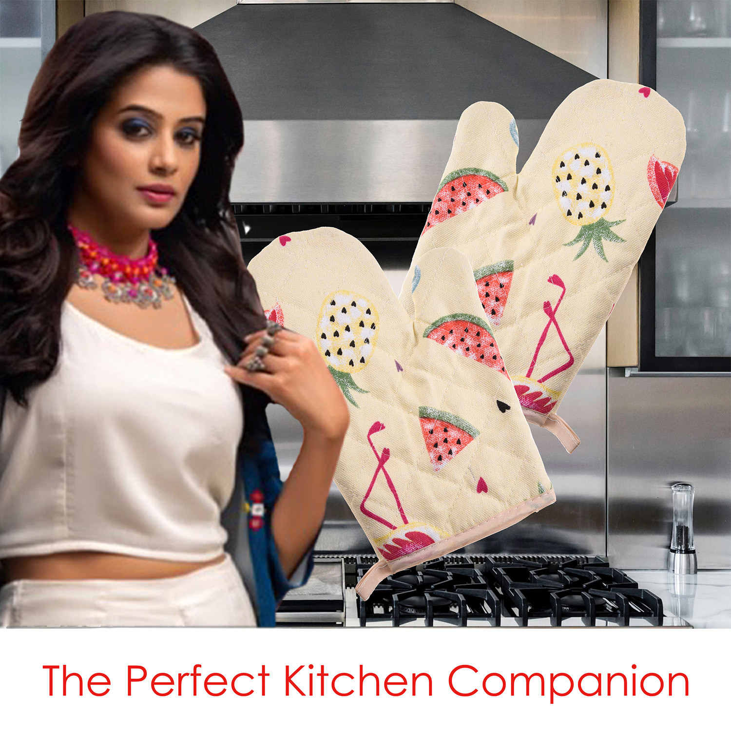Kuber Industries Oven Mitts|Cotton Microwave Oven Insulated Gloves|Duck Print Hanging Loop Kitchen Oven|Heat Resistant|Microwave Gloves For Kitchen|1 Pair (Cream)