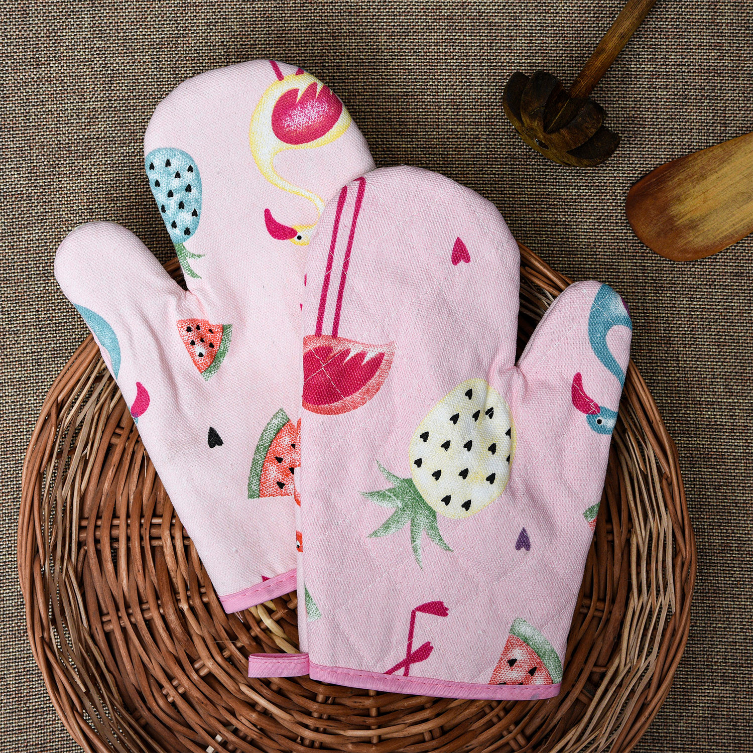 Kuber Industries Oven Mitts|Cotton Microwave Oven Insulated Gloves|Duck Print Hanging Loop Kitchen Oven|Heat Resistant|Microwave Gloves For Kitchen|1 Pair (Pink)