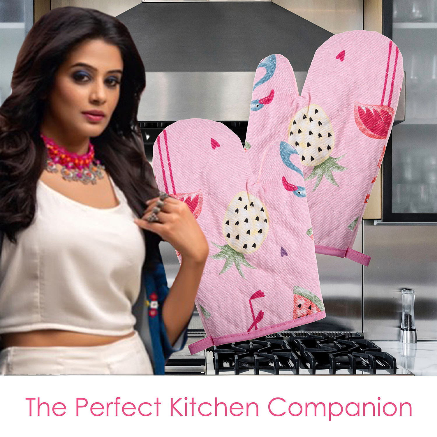 Kuber Industries Oven Mitts|Cotton Microwave Oven Insulated Gloves|Duck Print Hanging Loop Kitchen Oven|Heat Resistant|Microwave Gloves For Kitchen|1 Pair (Pink)