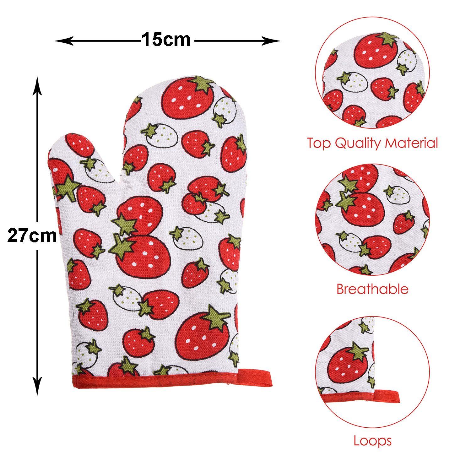 Kuber Industries Oven Mitts|Cotton Microwave Oven Insulated Gloves|Strawberry Print Hanging Loop Kitchen Oven|Heat Resistant|Microwave Gloves For Kitchen|1 Pair (White)