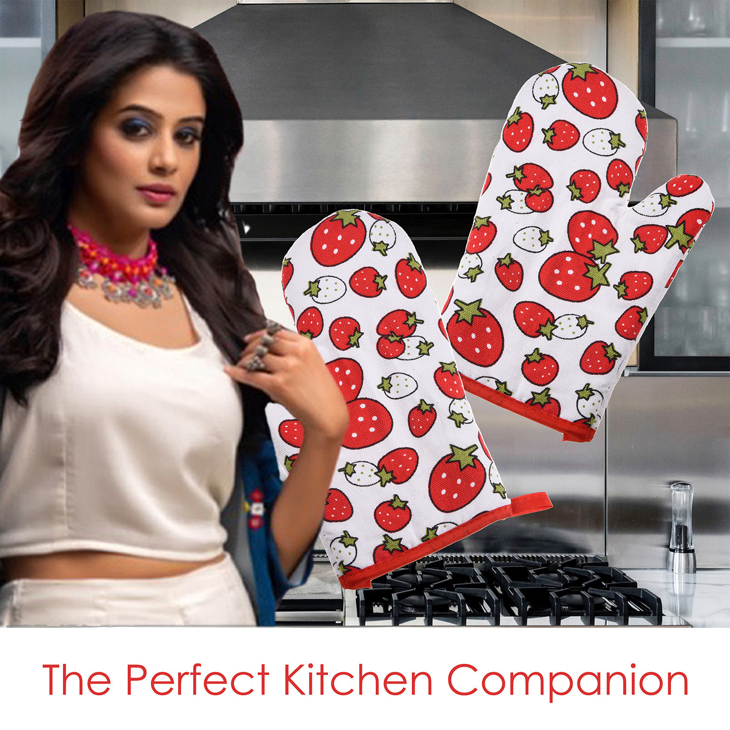Kuber Industries Oven Mitts|Cotton Microwave Oven Insulated Gloves|Strawberry Print Hanging Loop Kitchen Oven|Heat Resistant|Microwave Gloves For Kitchen|1 Pair (White)