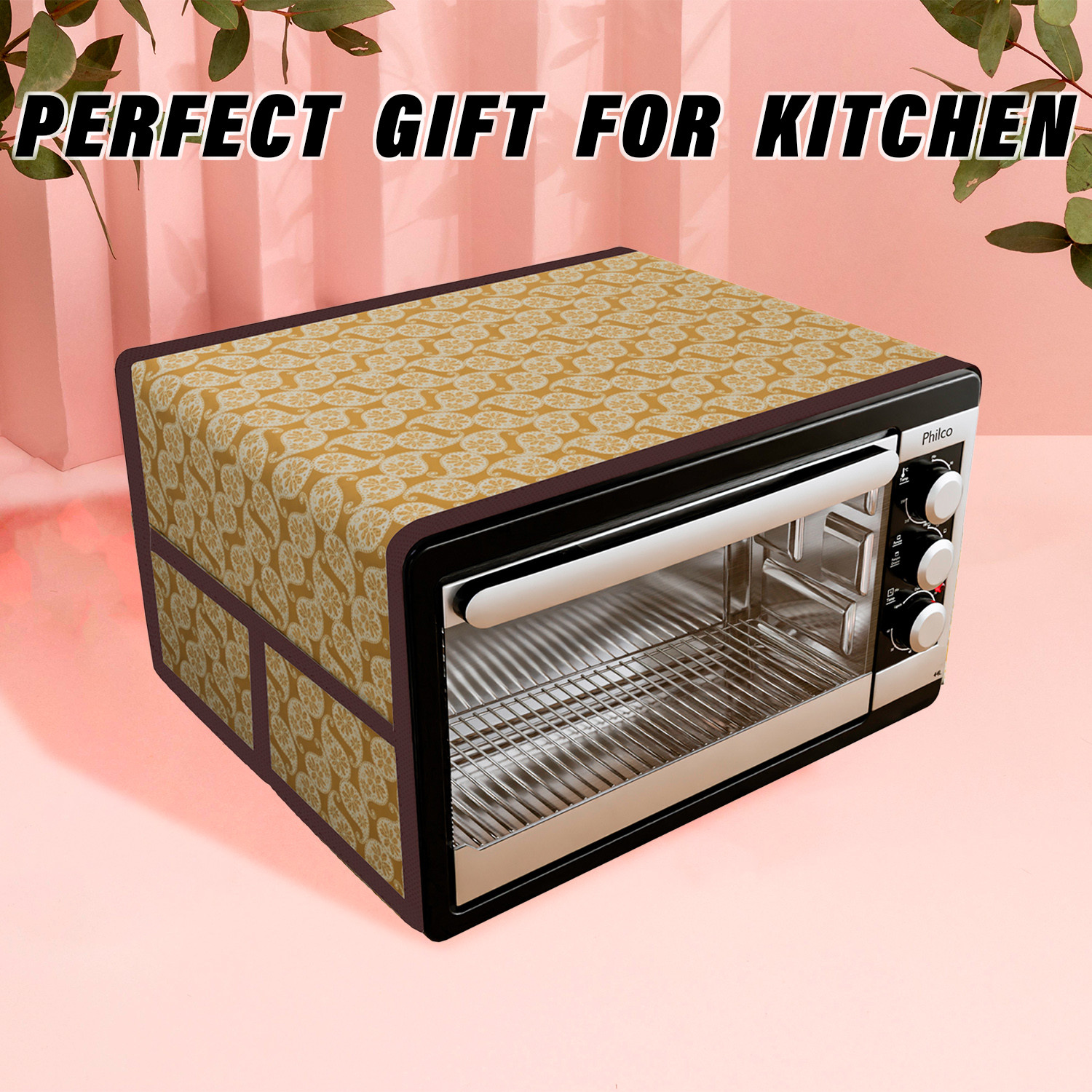 Kuber Industries Oven Top Cover  Microwave Oven Top Cover  Microwave Cover with 4 Utility Pockets  Oven Cover for Kitchen Dcor  Carry Design Oven Top Cover  30 LTR  Golden