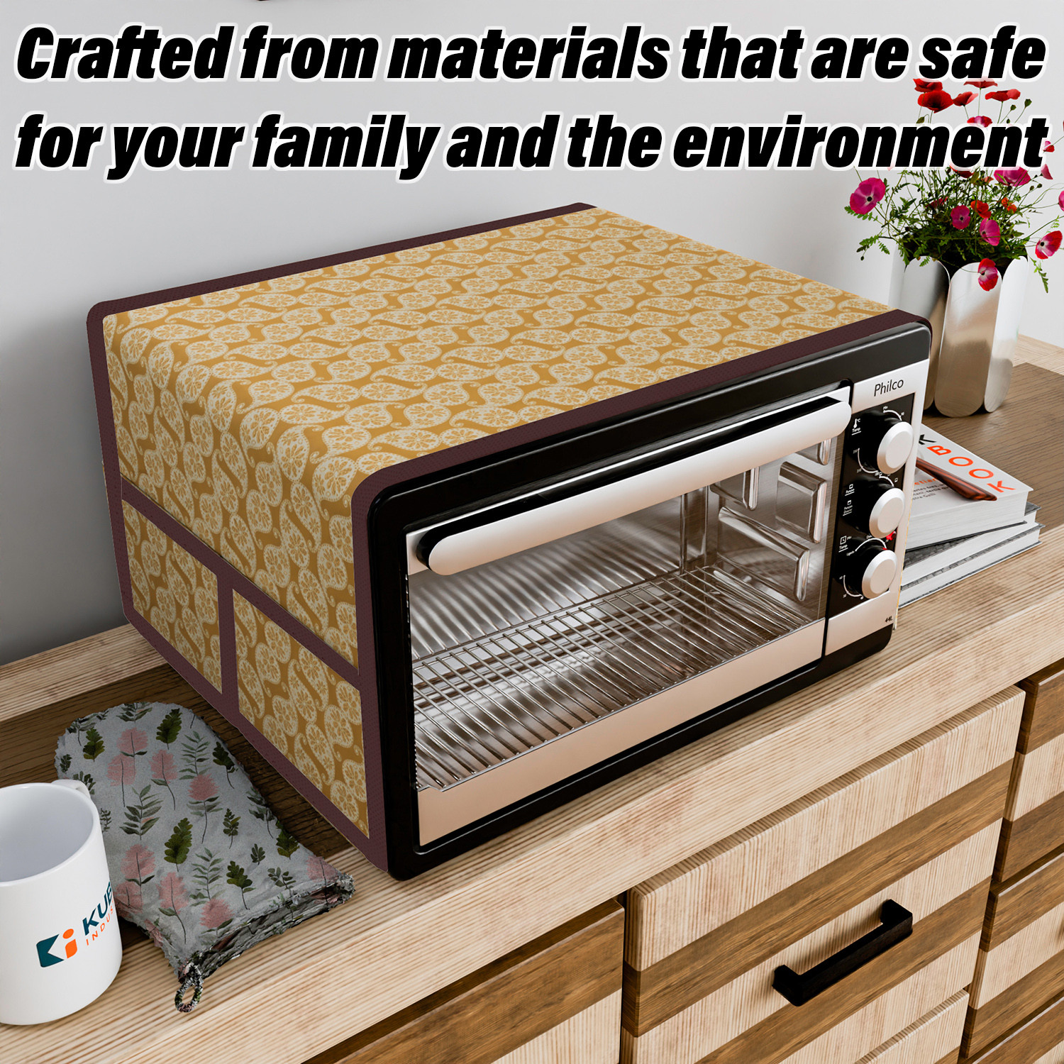 Kuber Industries Oven Top Cover  Microwave Oven Top Cover  Microwave Cover with 4 Utility Pockets  Oven Cover for Kitchen Dcor  Carry Design Oven Top Cover  30 LTR  Golden