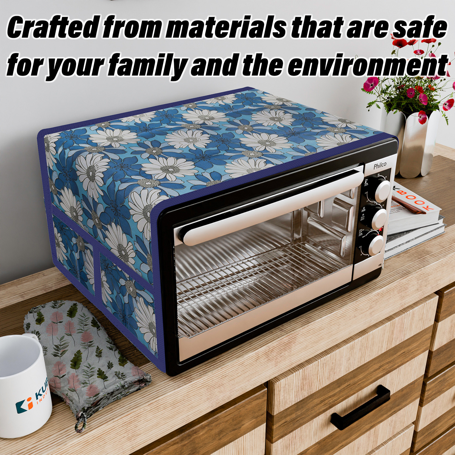 Kuber Industries Oven Top Cover  Microwave Oven Top Cover  Microwave Cover with 4 Utility Pockets  Oven Cover for Kitchen Dcor  Sunflower Oven Top Cover  Blue