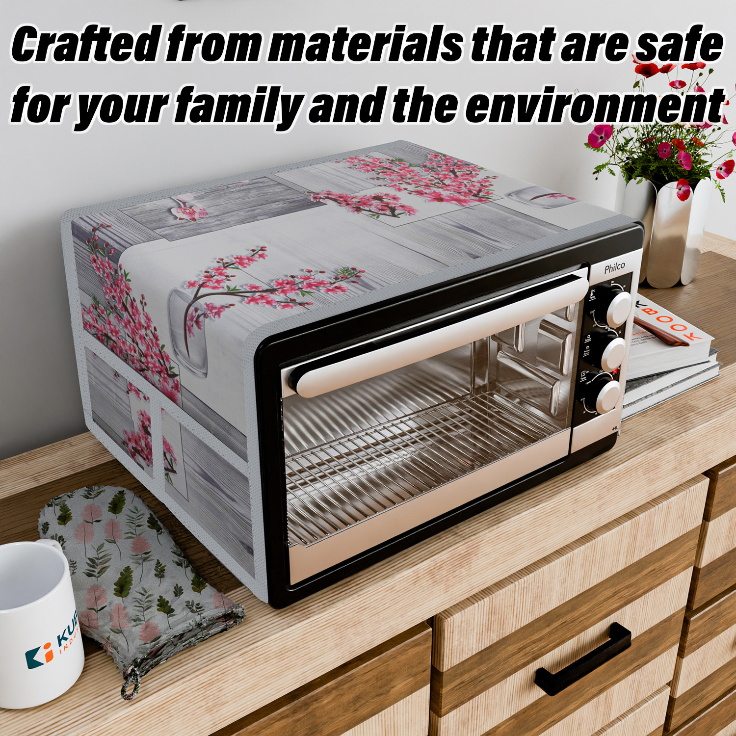 Kuber Industries Oven Top Cover  Microwave Oven Top Cover  Microwave Cover with 4 Utility Pockets  Oven Cover for Kitchen Dcor  Pink Flower Oven Top Cover  Gray