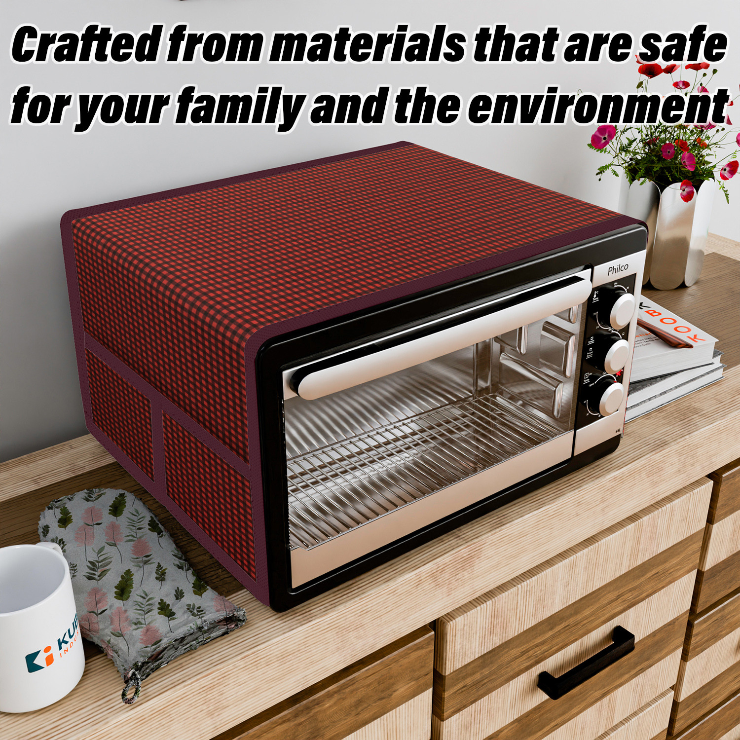 Kuber Industries Oven Top Cover  Microwave Oven Top Cover  Microwave Cover with 4 Utility Pockets  Oven Cover for Kitchen Dcor  Barik Check Oven Top Cover  Maroon