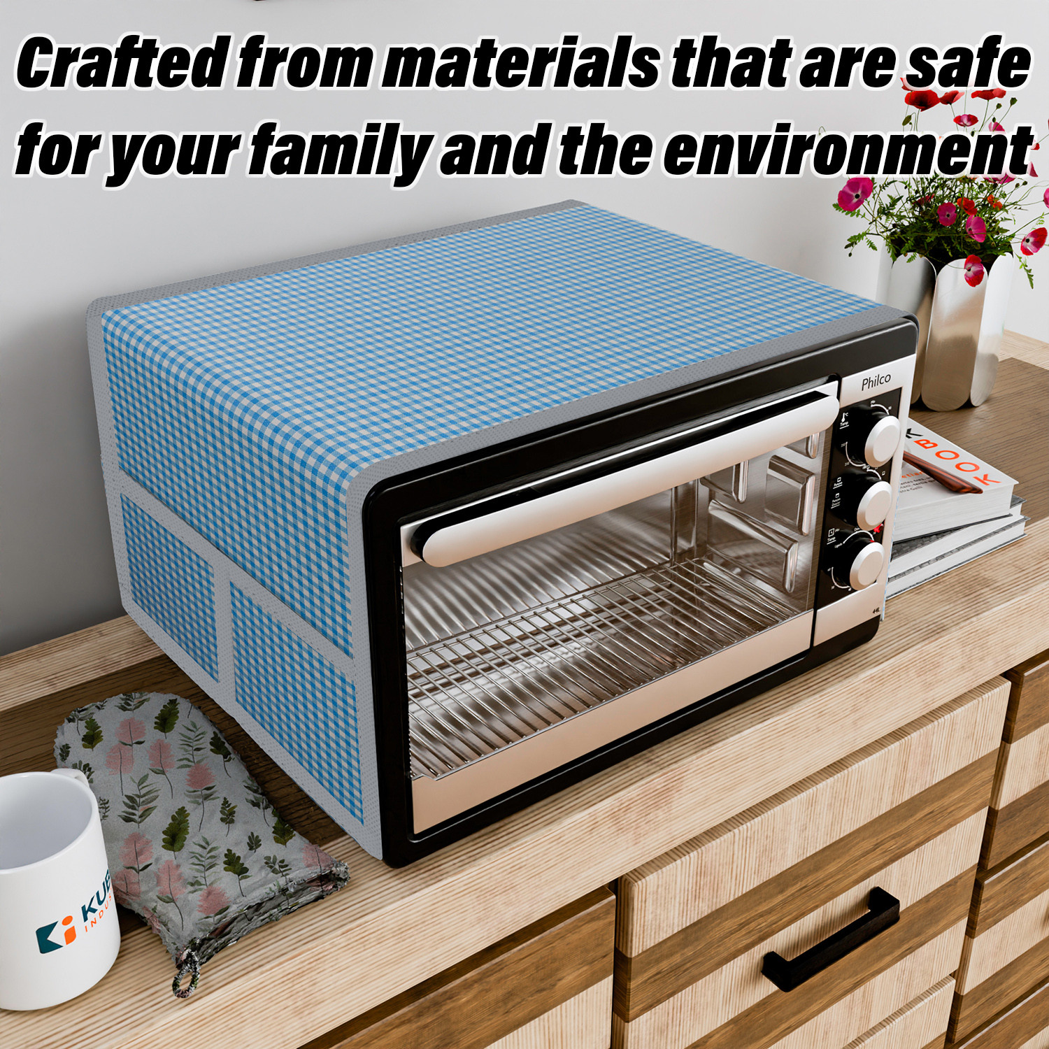 Kuber Industries Oven Top Cover  Microwave Oven Top Cover  Microwave Cover with 4 Utility Pockets  Oven Cover for Kitchen Dcor  Barik Check Oven Top Cover  Blue