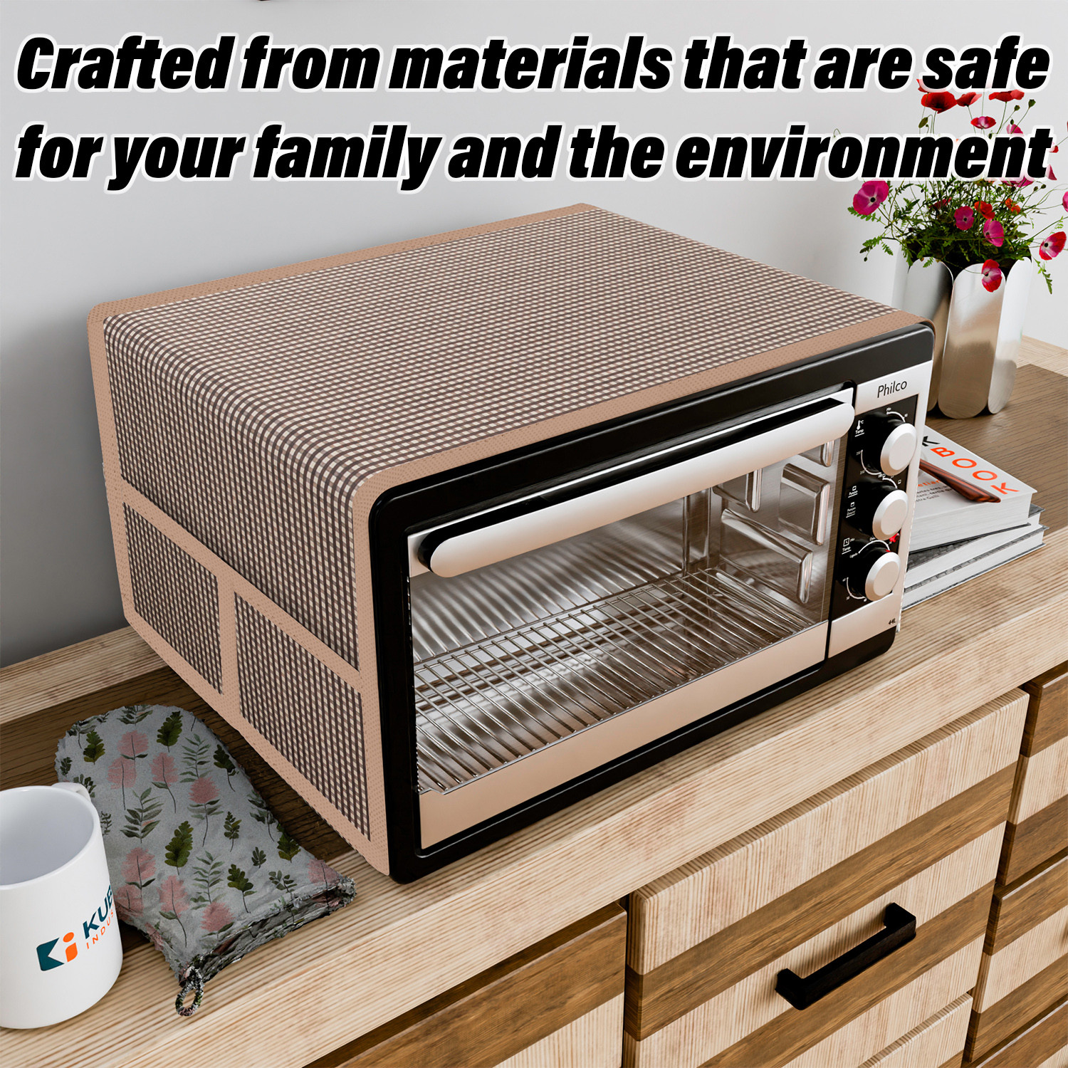 Kuber Industries Oven Top Cover  Microwave Oven Top Cover  Microwave Cover with 4 Utility Pockets  Oven Cover for Kitchen Dcor  Barik Check Oven Top Cover  Brown