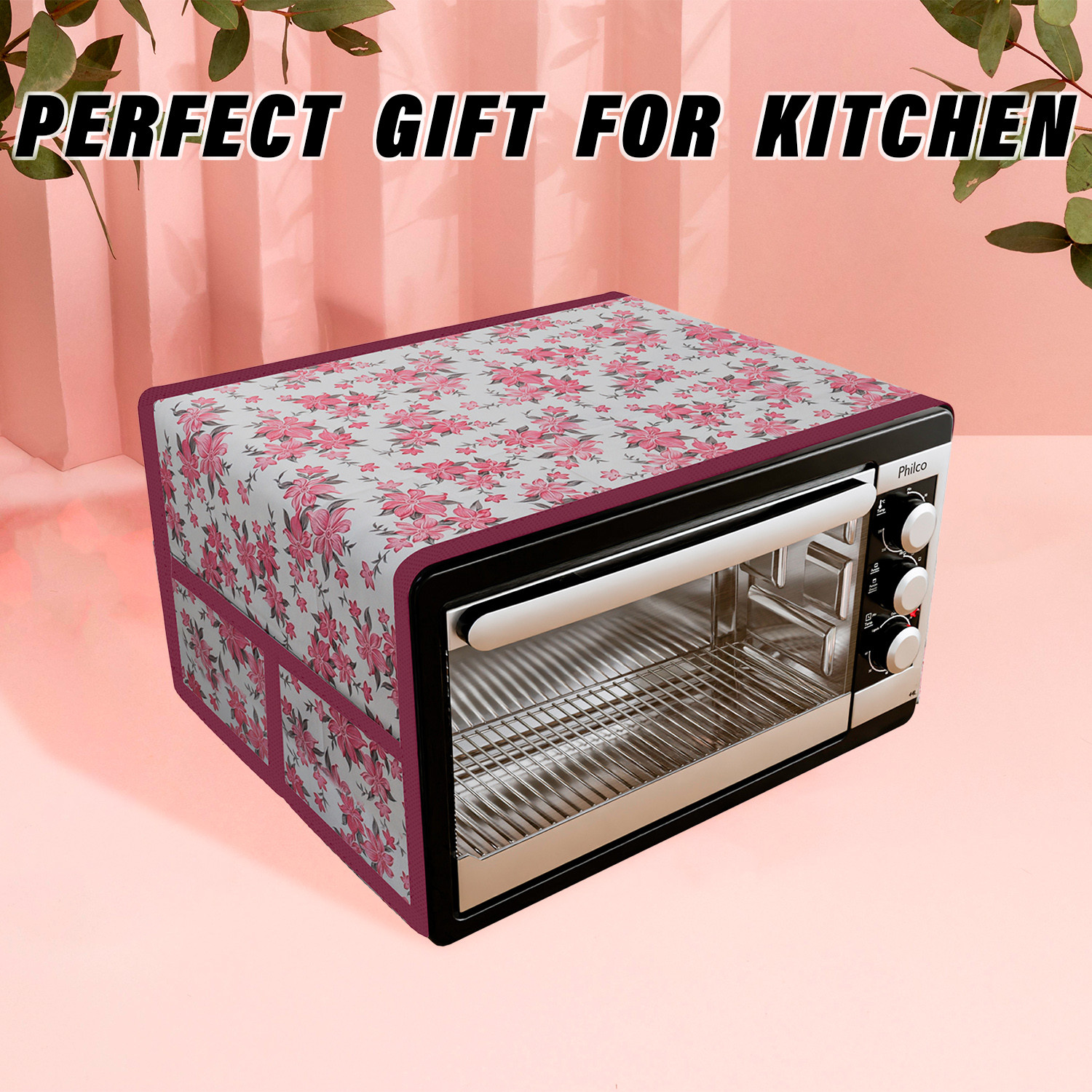 Kuber Industries Oven Top Cover | Microwave Oven Top Cover | Microwave Cover with 4 Utility Pockets | Oven Cover for Kitchen Décor | Barik Flower Oven Top Cover | Pink