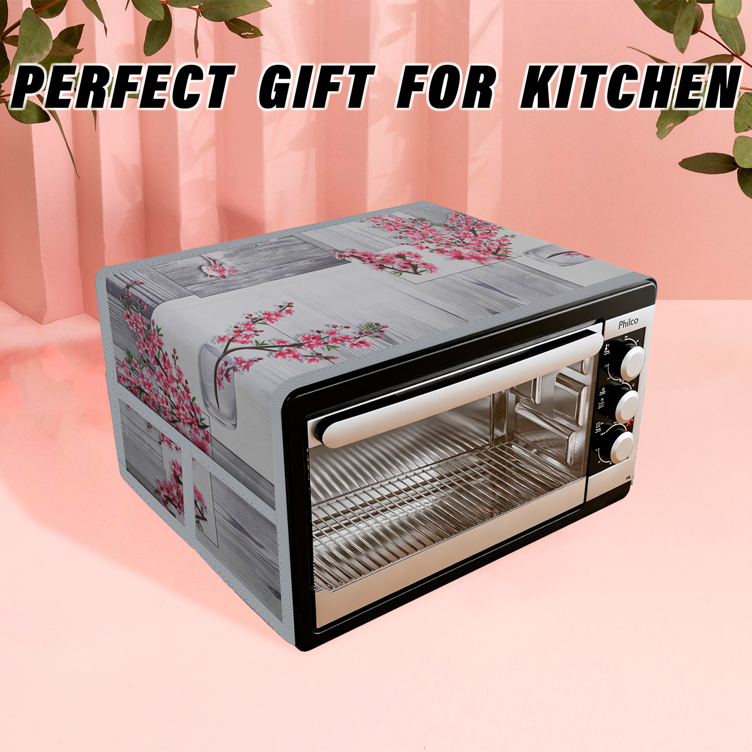 Kuber Industries Oven Top Cover | Microwave Oven Top Cover | Microwave Cover with 4 Utility Pockets | Oven Cover for Kitchen Décor | Pink Flower Oven Top Cover | Gray