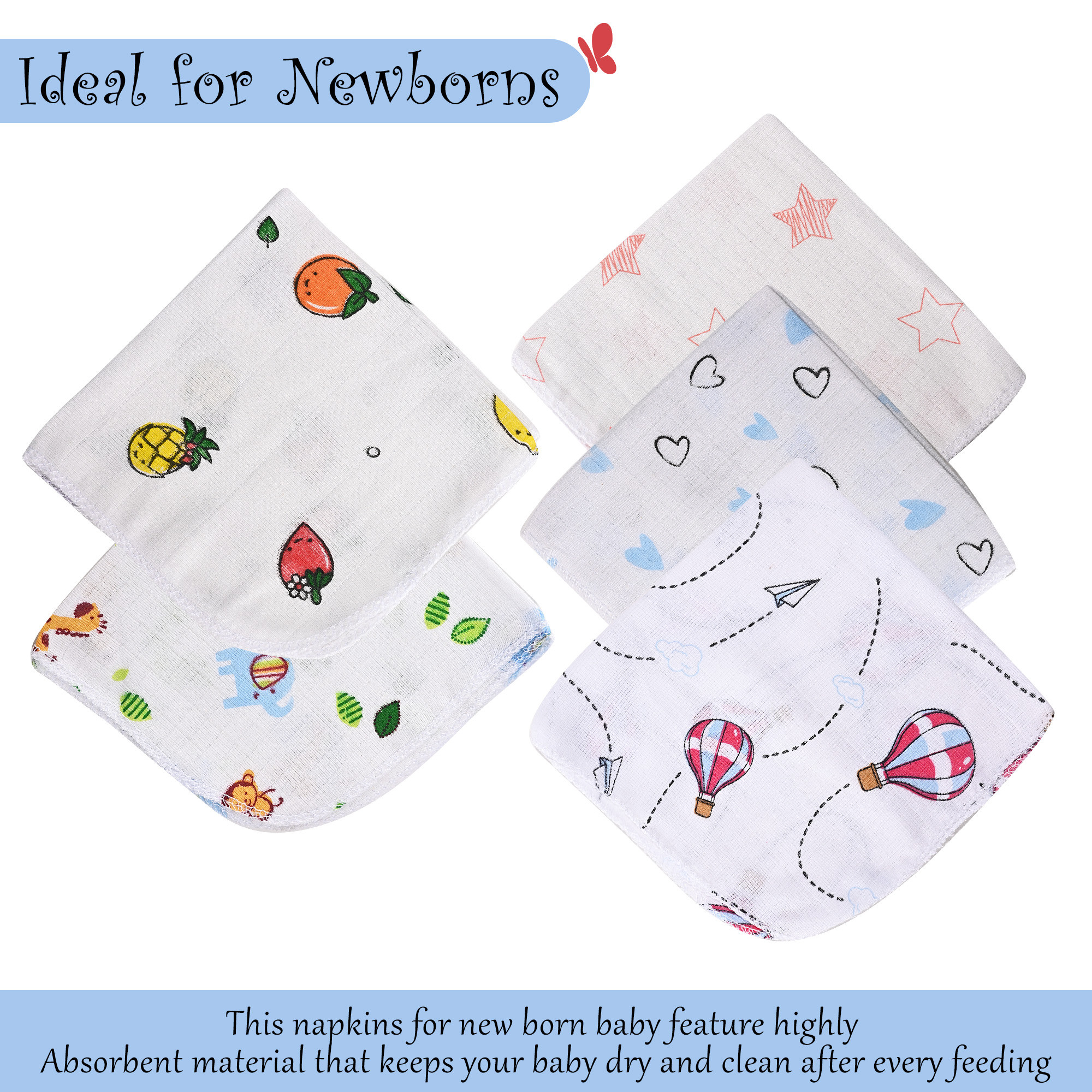 Kuber Industries Pack of 10 Soft  Absorbant Cotton Face Towel for Baby Boy  Girl  Lightweight Cloth Napkin for Kids  Printed - White