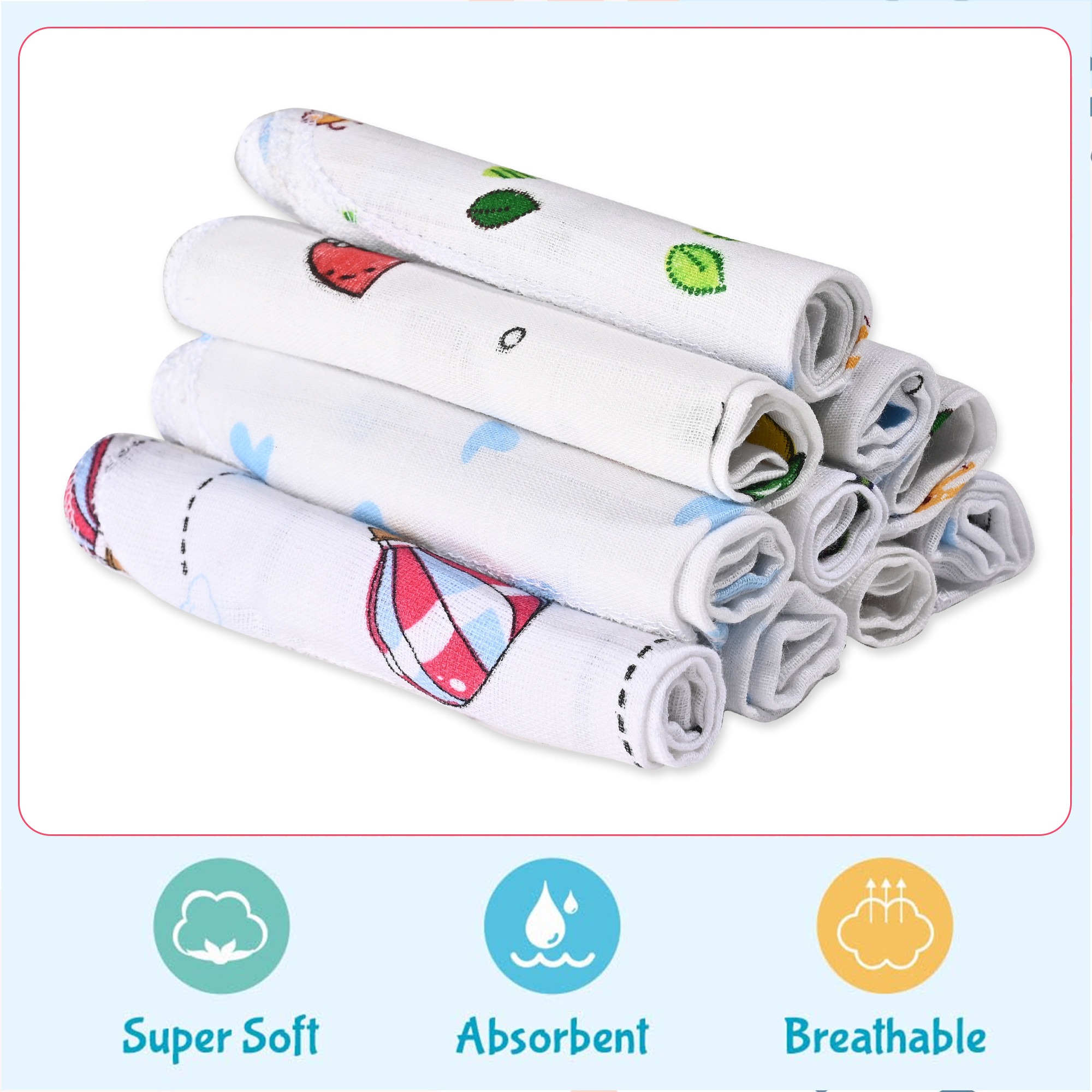 Kuber Industries Pack of 10 Soft  Absorbant Cotton Face Towel for Baby Boy  Girl  Lightweight Cloth Napkin for Kids  Printed - White