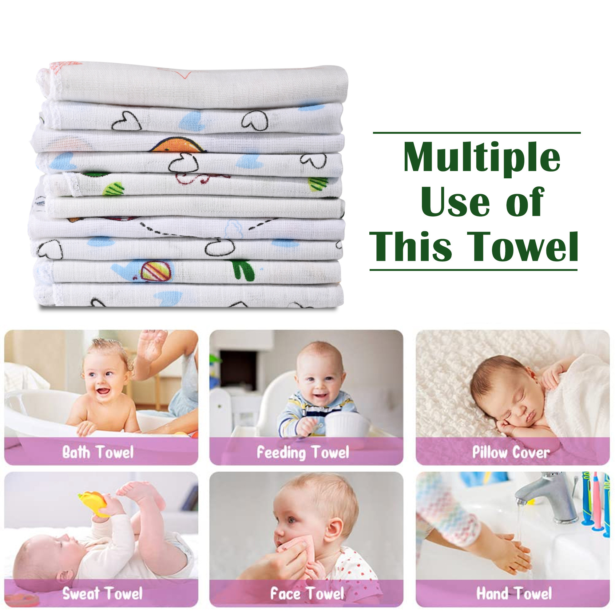 Kuber Industries Pack of 10 Soft  Absorbant Cotton Face Towel for Baby Boy  Girl  Lightweight Cloth Napkin for Kids  Printed - White