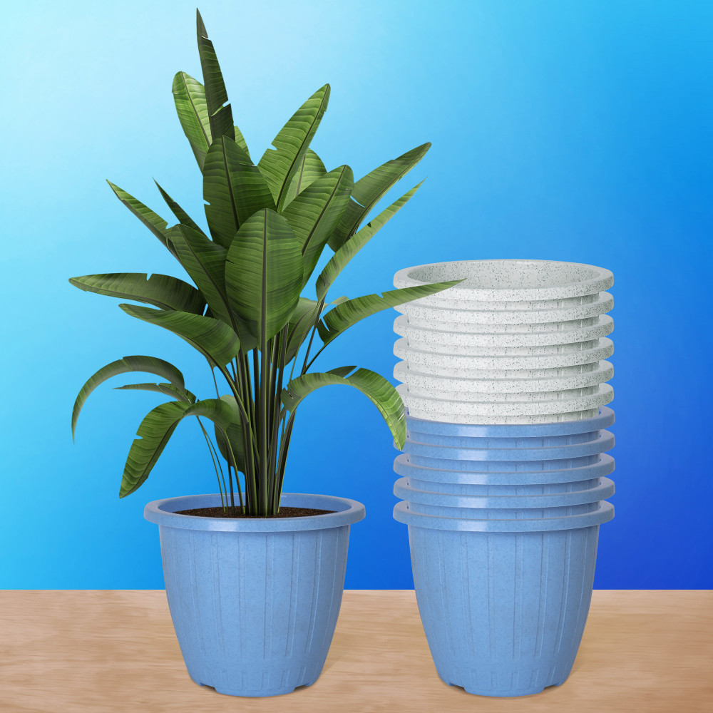 Kuber Industries Pack of 12 Flower Pot | Flower Pot for Living Room | Planters for Home-Lawns &amp; Gardening | Window Flower Pots for Balcony | Marble Duro | 8 Inch | Sky Blue &amp; White
