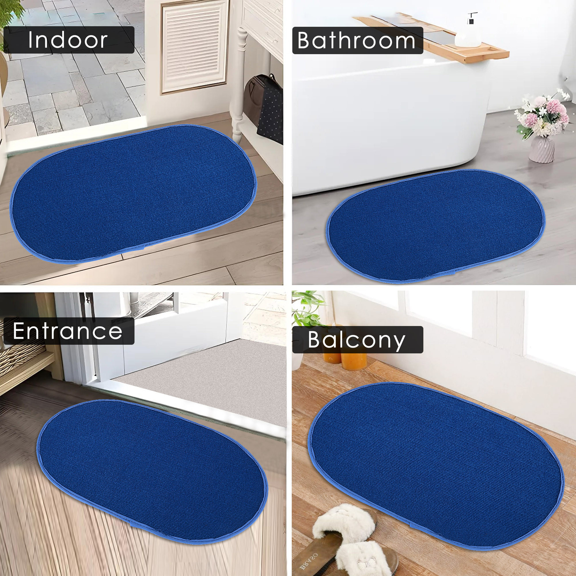 Kuber Industries Pack of 2 Anti-Skid Door Mats For Home  Soft Washable Microfibre  Water Soaking Oval FloorBathroom Mat - Blue