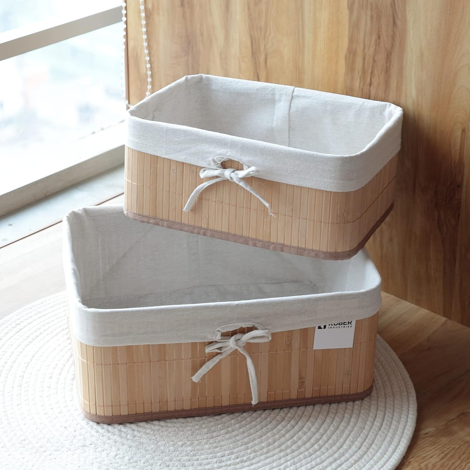 Kuber Industries Pack of 2 Bamboo Storage Basket With Liner|Fodable Storage Organizer|Box For Cloth, Toiletry, Bathroom|Capacity 17L, 10.6L|Natural|