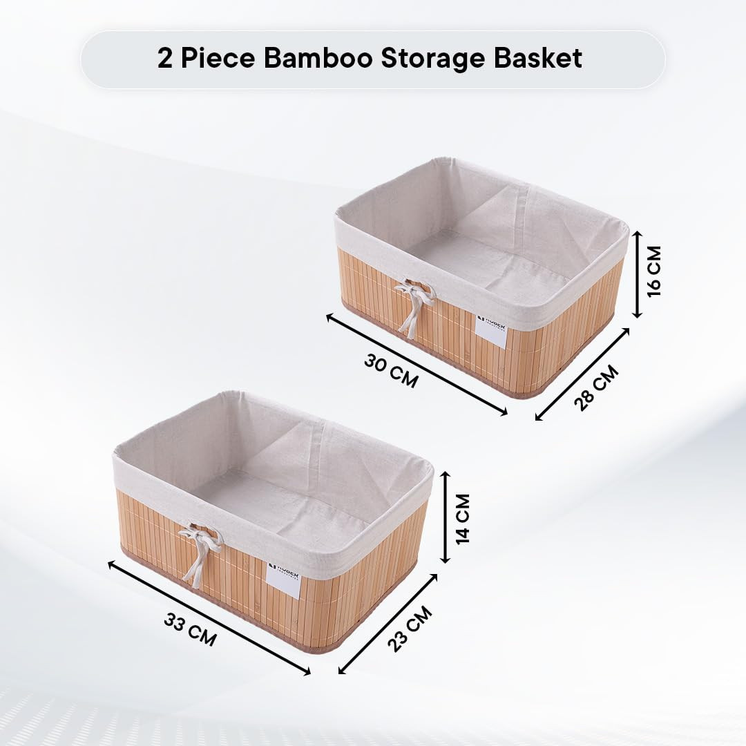 Kuber Industries Pack of 2 Bamboo Storage Basket With Liner|Fodable Storage Organizer|Box For Cloth, Toiletry, Bathroom|Capacity 17L, 10.6L|Natural|