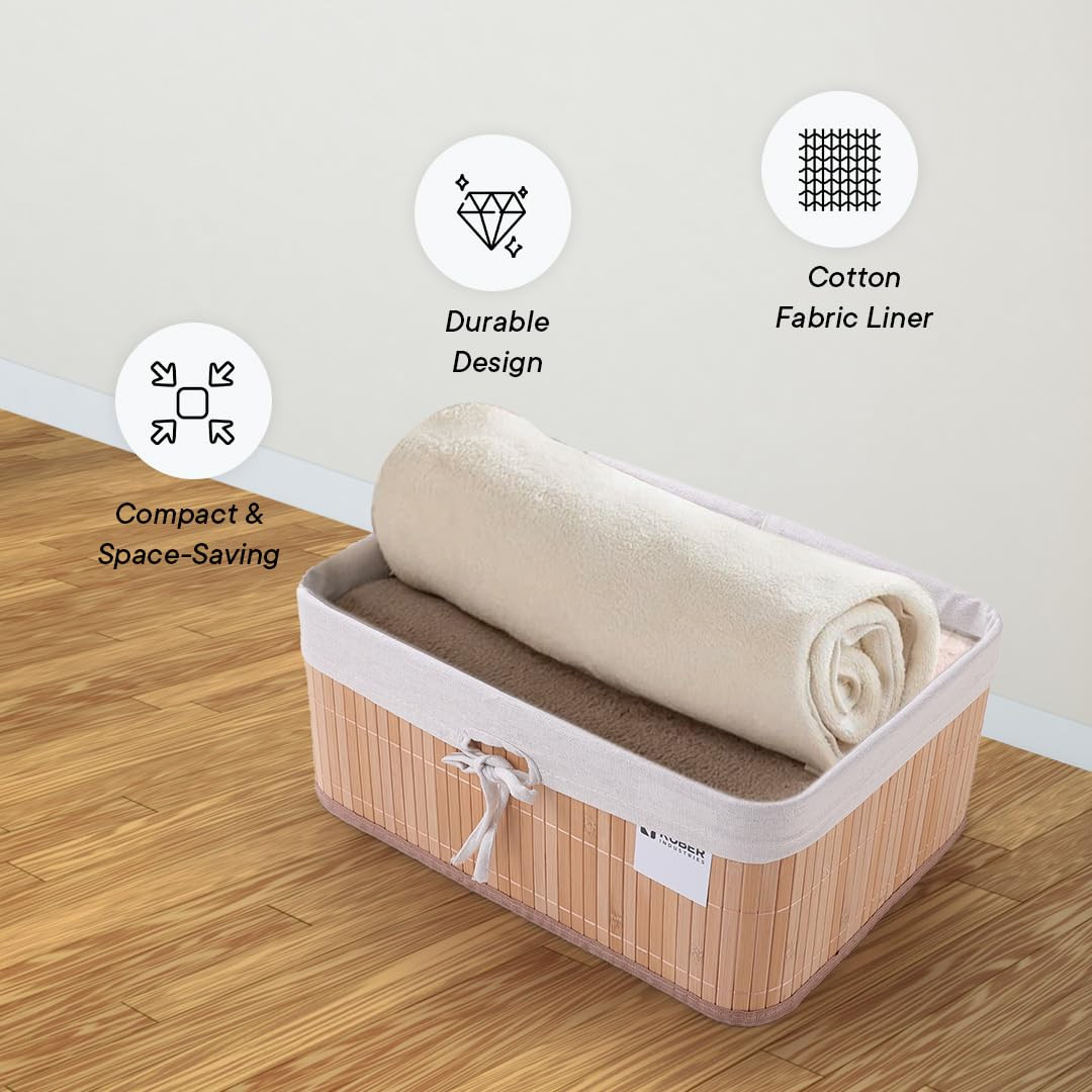 Kuber Industries Pack of 2 Bamboo Storage Basket With Liner|Fodable Storage Organizer|Box For Cloth, Toiletry, Bathroom|Capacity 17L, 10.6L|Natural|