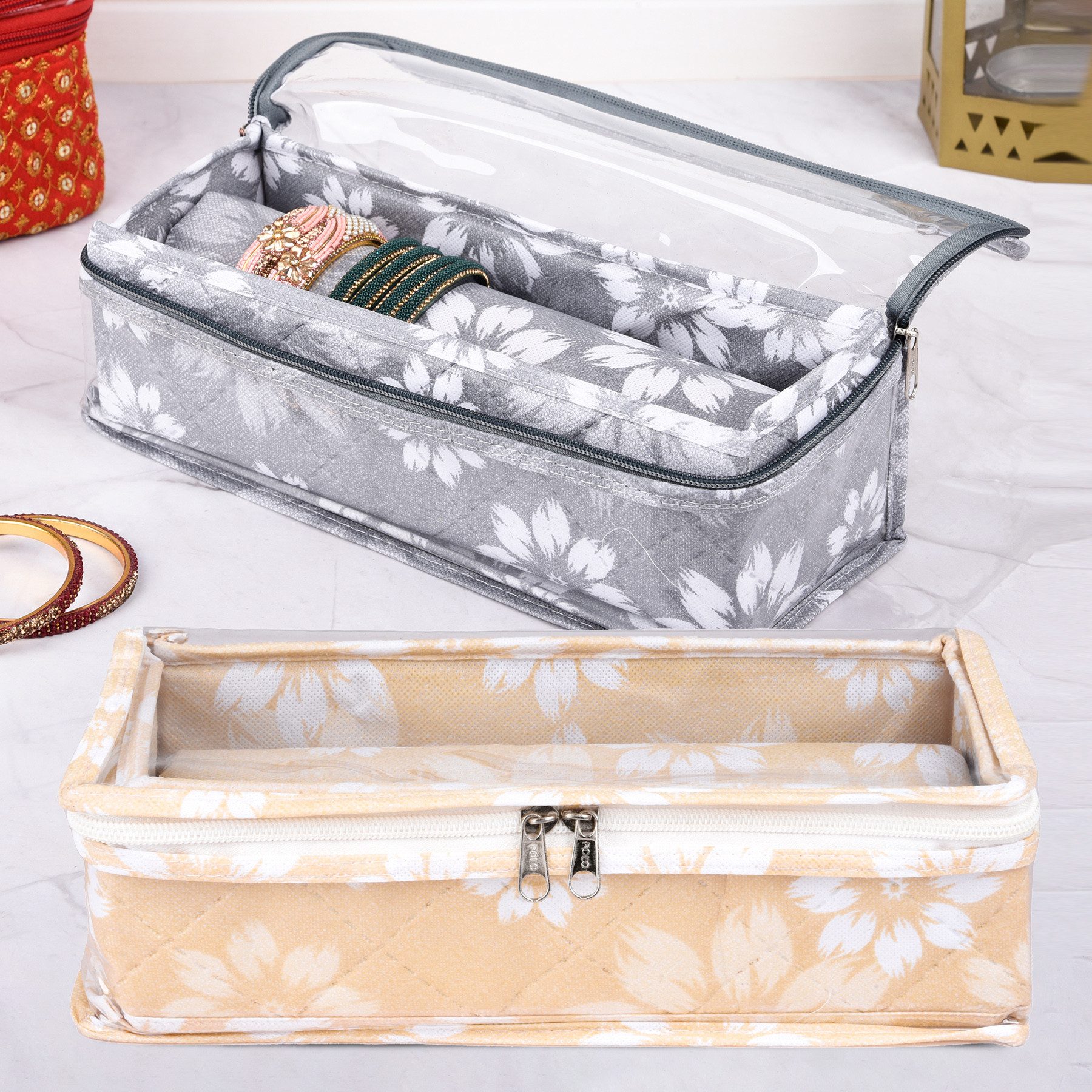 Kuber Industries Pack of 2 Bangle Box | Single Rod Chudi Organizer with Visible Window | Travelling Organizer | Waterproof Watch Organizer for Woman | Flower Quilted | Gray & Golden
