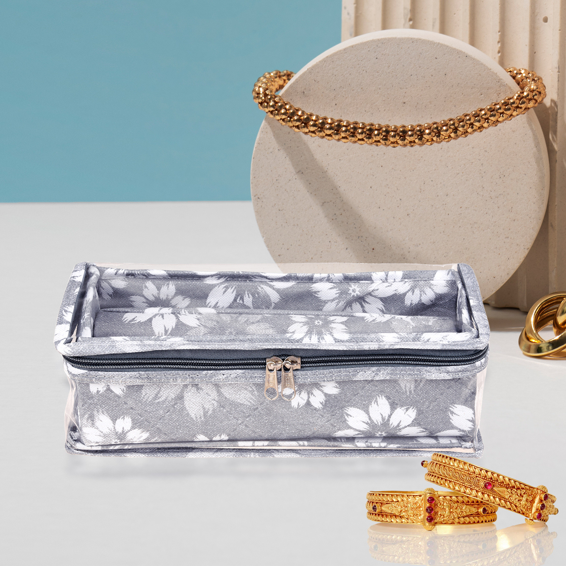 Kuber Industries Pack of 2 Bangle Box | Single Rod Chudi Organizer with Visible Window | Travelling Organizer | Waterproof Watch Organizer for Woman | Flower Quilted | Gray & Golden