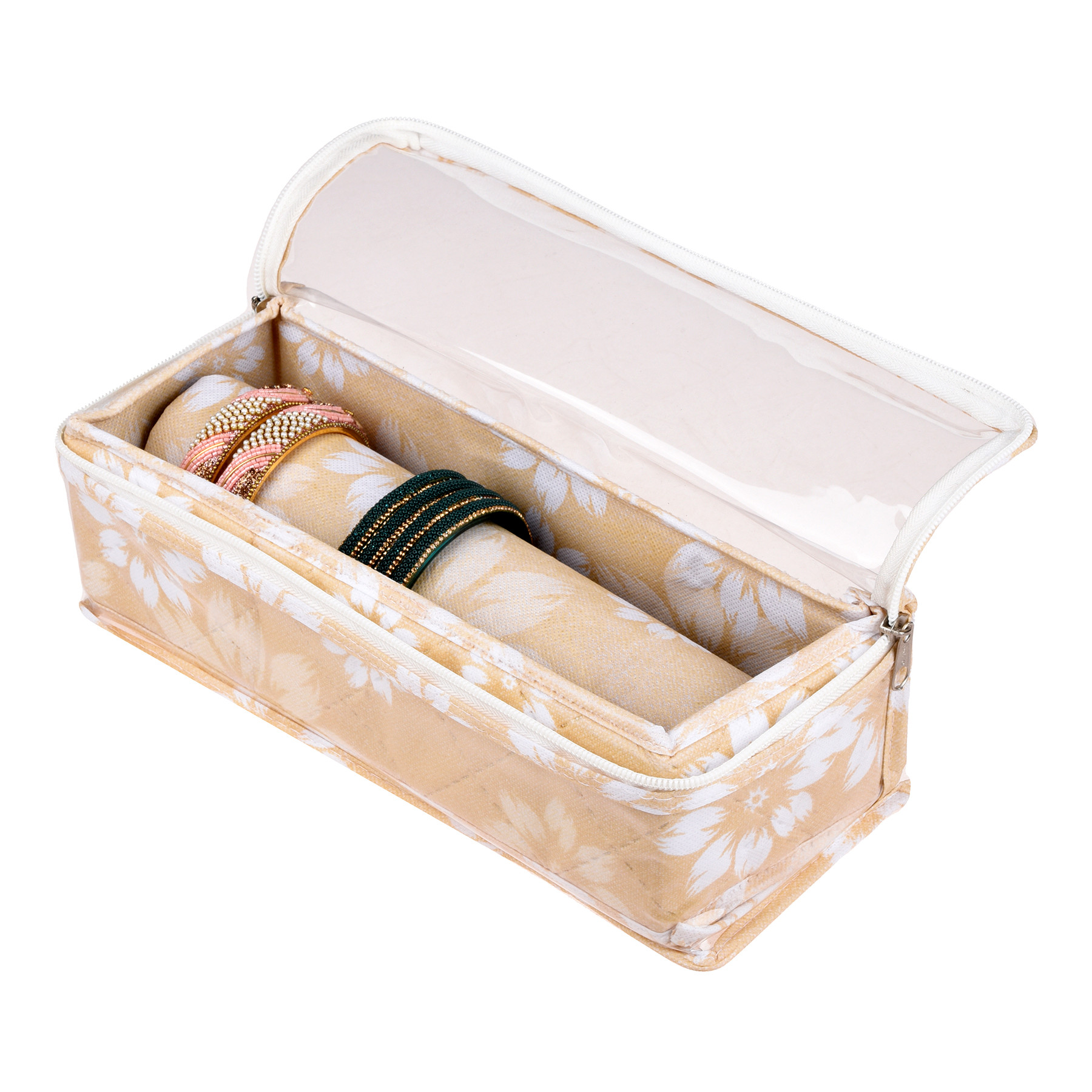Kuber Industries Pack of 2 Bangle Box | Single Rod Chudi Organizer with Visible Window | Travelling Organizer | Waterproof Watch Organizer for Woman | Flower Quilted | Gray & Golden