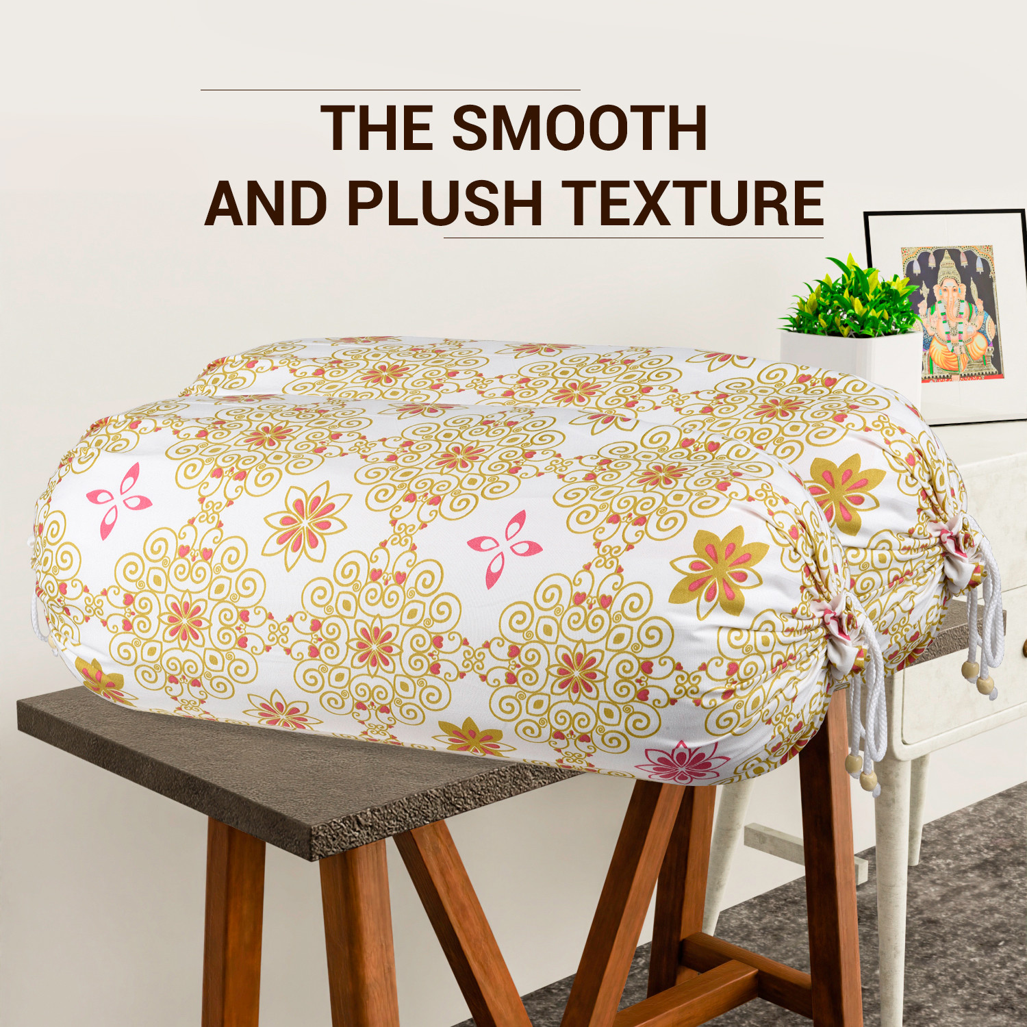 Kuber Industries Pack of 2 Bolster Cover  Cotton Bolster Cover Set  Diwan Bolster Cushion Pillow Covers  Bed Side Long Pillow Case  Rangoli Masand Cover  16x32 Inch  White  Orange