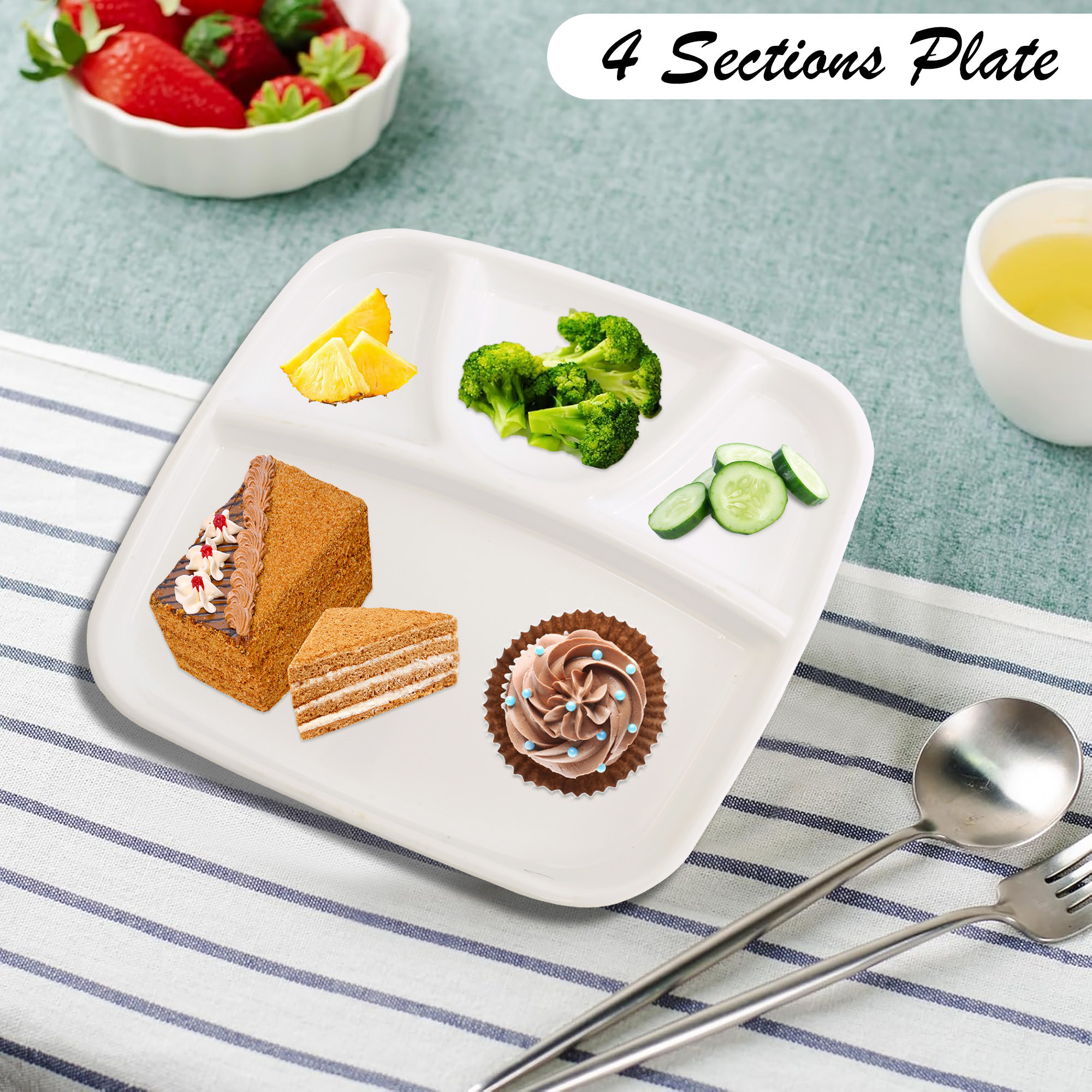 Kuber Industries Pack of 2 BPA Free Plastic Microwave Safe Plates for Meal  4 Sections Plate for Diet Food Breakfast Lunch  Dinner  Reusable Microwave Plate for Heating  Plain White