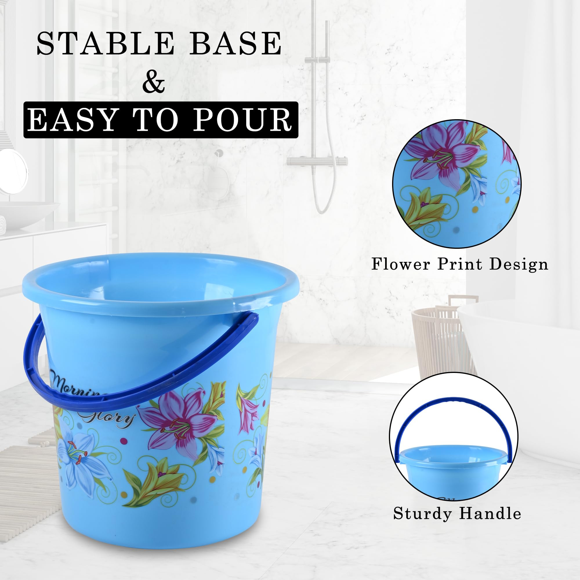 Kuber Industries Pack of 2 Bucket  Water Bucket for Bathroom 18 LTR Plastic Bucket for Kitchen  Balti for Bathroom  Bucket for Daily Use  Portable Printed Storage Bucket  Blue  Pink