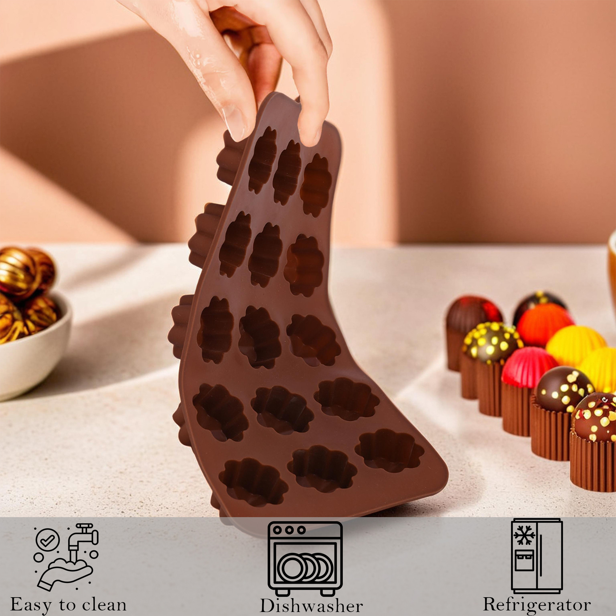 Kuber Industries Pack of 2 Chocolate Silicone Moulds for Homemade Treats  Easy to Use Silicone Chocolate Mould Ice Making KitTray  Flower Design - Chocolate Brown