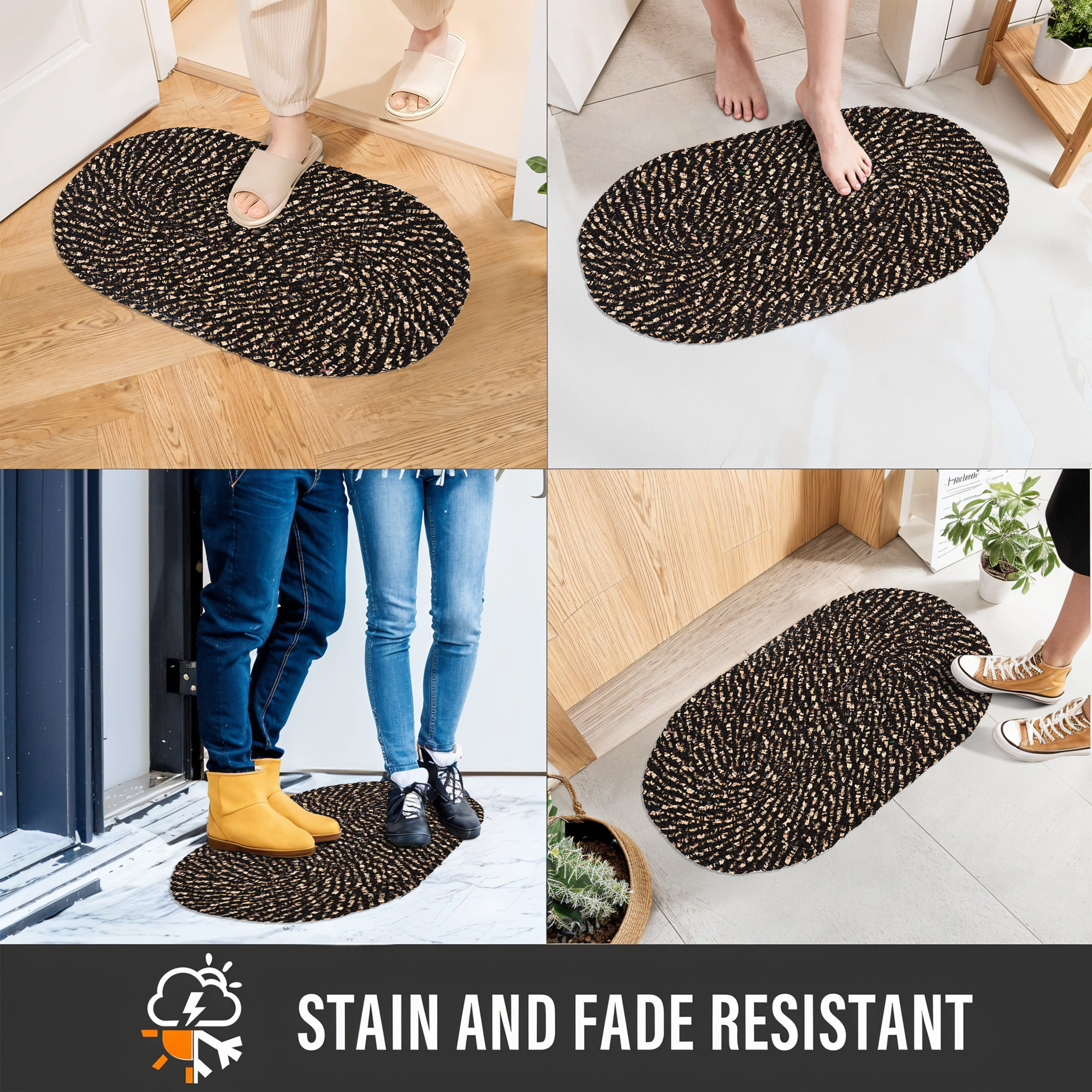 Kuber Industries Pack of 2 Cotton Outdoor Mats for Home Entrance  Machine Washable Floor Mats for Home  IndoorOutdoor Paidan for Office  Feather Glory - Black  Golden