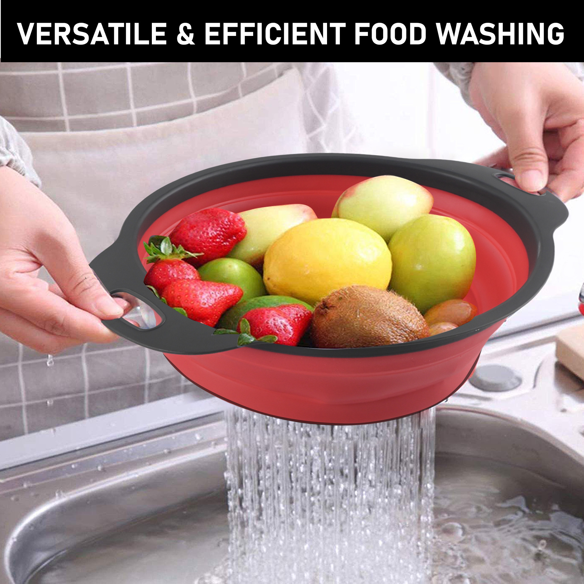 Kuber Industries Pack of 2 Durable  LightweigHH Silicon Strainer For Kitchen With Handle  Multipurpose Chalni For Kitchen - Ideal For Vegetables  Fruits  HW-12  Red  Blue