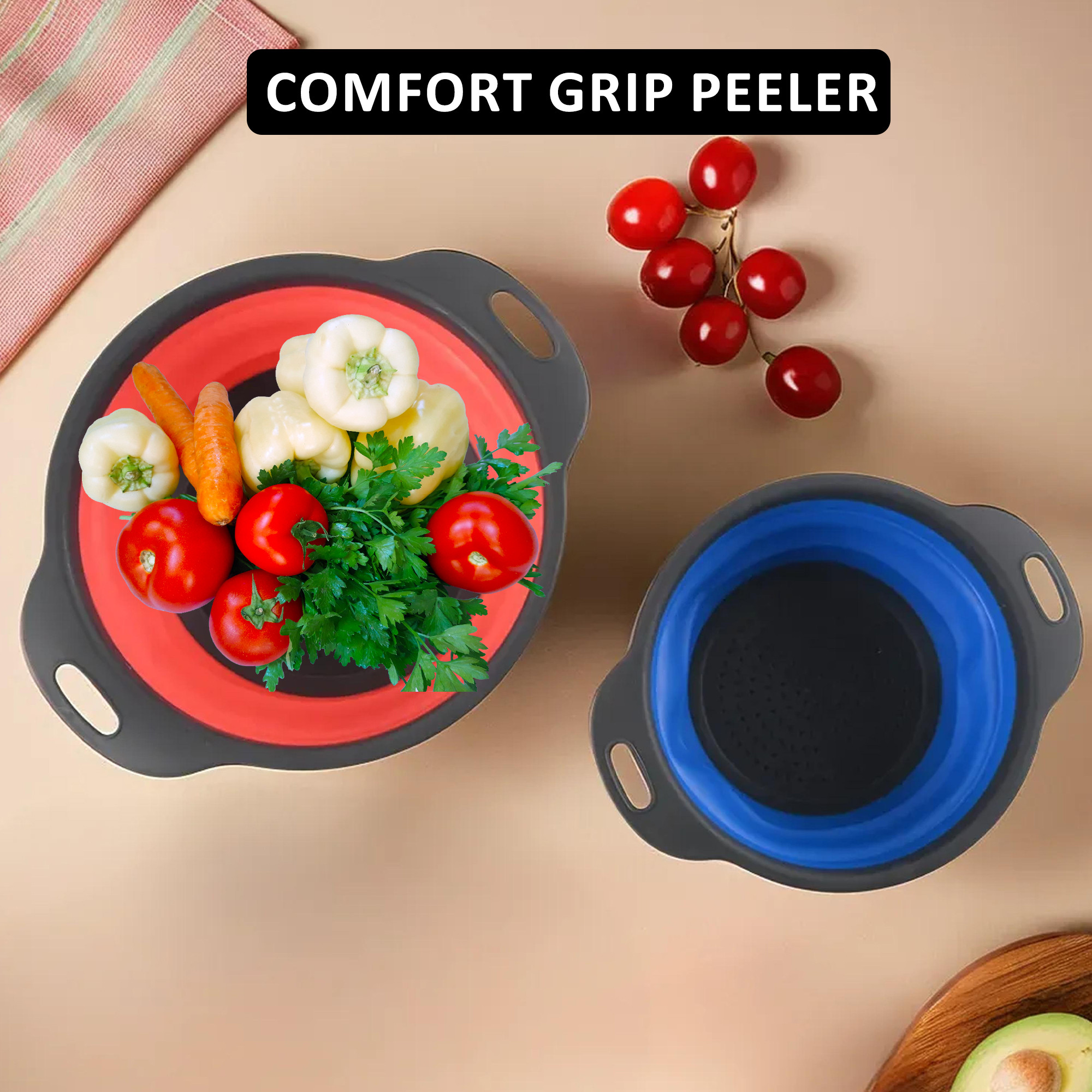 Kuber Industries Pack of 2 Durable  LightweigHH Silicon Strainer For Kitchen With Handle  Multipurpose Chalni For Kitchen - Ideal For Vegetables  Fruits  HW-12  Red  Blue