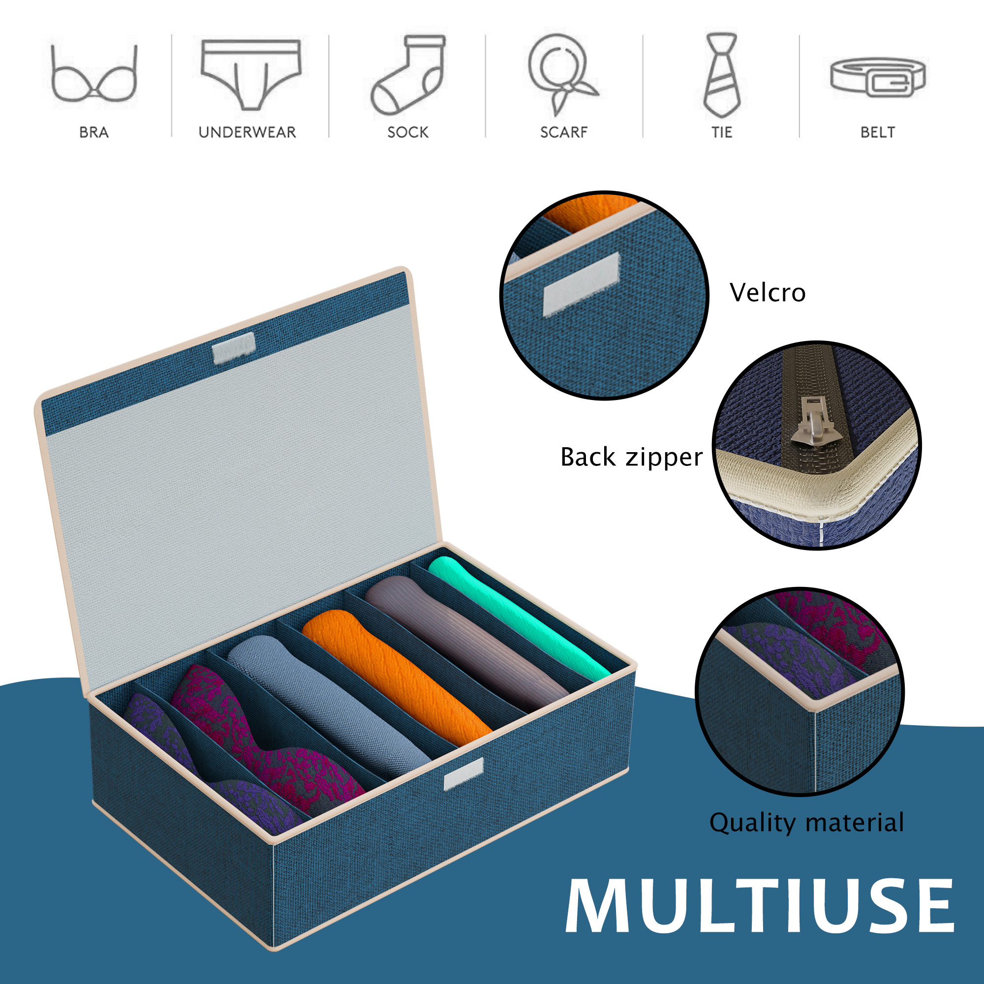 Kuber Industries Pack of 2 Foldable Multi-Grid Undergarments Organizer with Top Flap  Socks  Innerwear Organiser for Wardrobe  Ideal for BrasPanties Underwear  Ties  LJ-17-NBLU  Navy  White