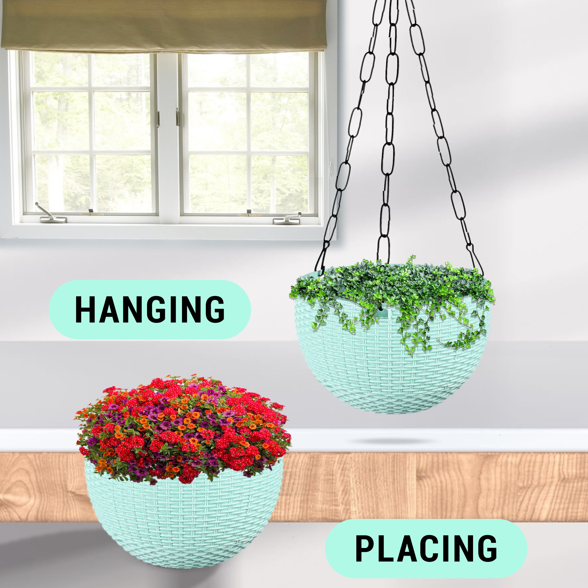 Kuber Industries Pack of 2 Hanging Flower Pot  | Hanging Flower Pot for Living Room | Hanging Pot for Home-Lawns & Gardening | Flower Planter for Balcony | Marble Euro | 7 Inch | Blue & Mint Green