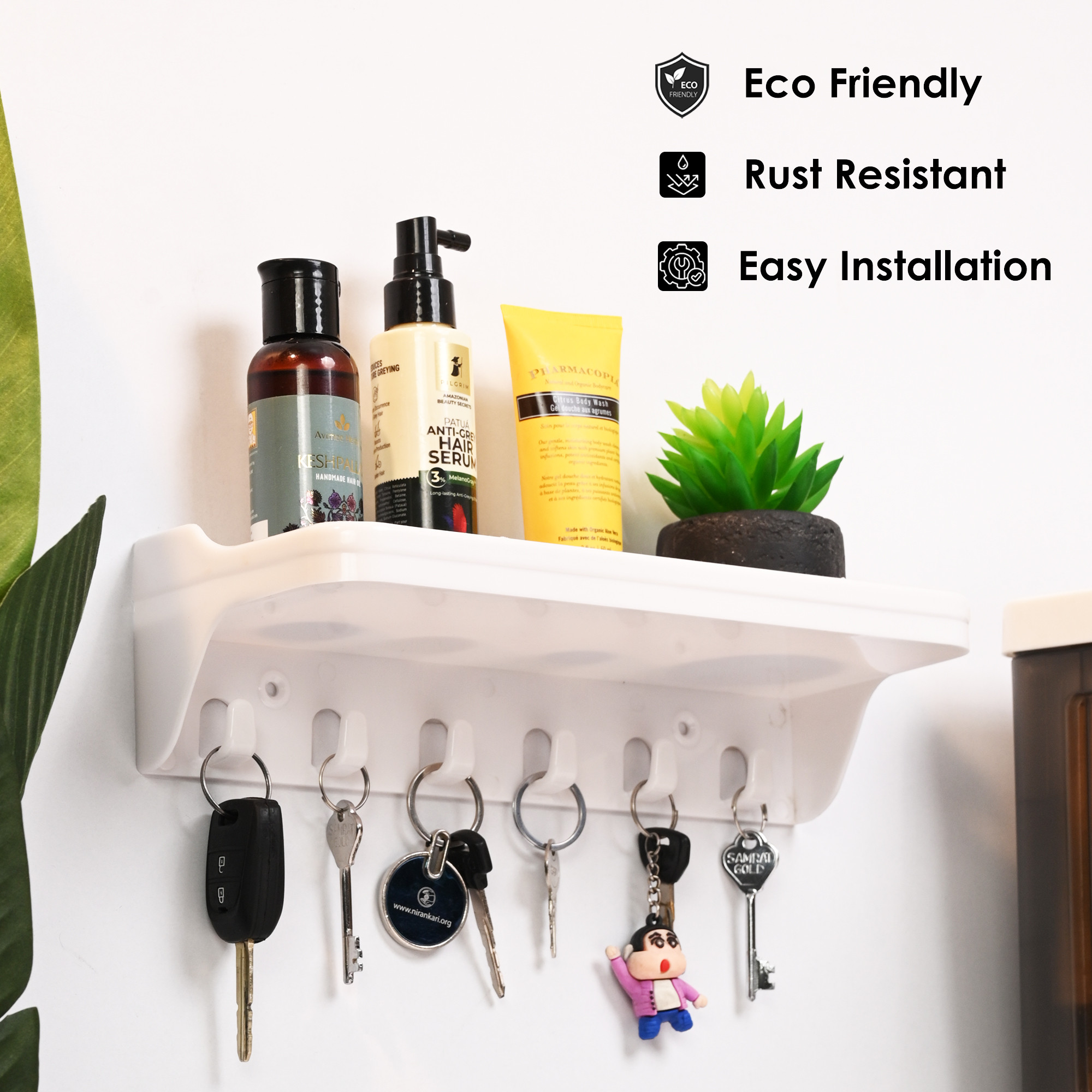 Kuber Industries Pack of 2 Key Holder  6 Hook Wall Rack  2 in 1 Wall Mounting Key Holder  Bathroom Storage Holder for Toothbrush-Facewash-Toothpaste-Shampo  Mobile Stand for Wall  White